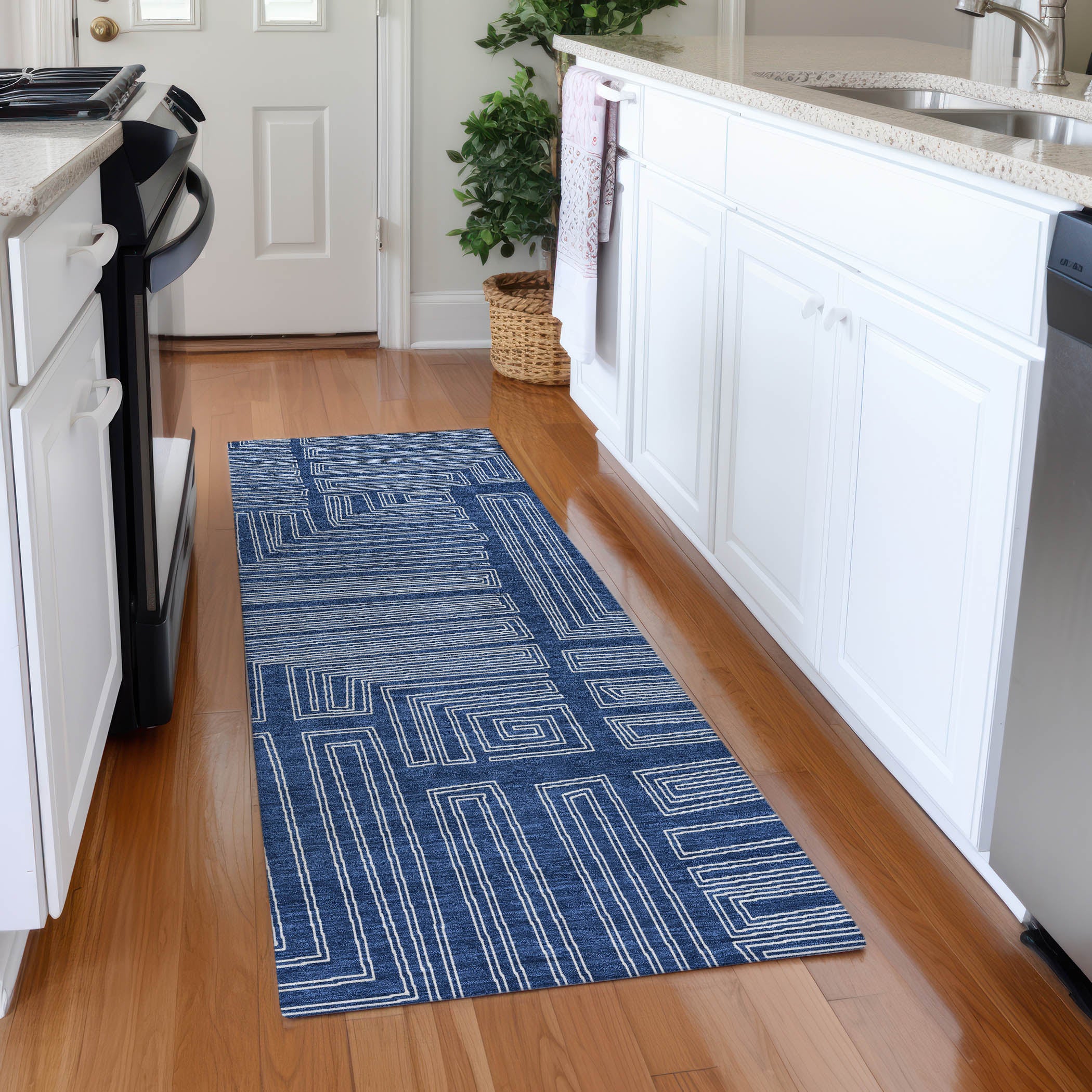 Vienna Machine Washable Transitional Navy Blue Rug 2'3" x 7'6" #shape_Runner
