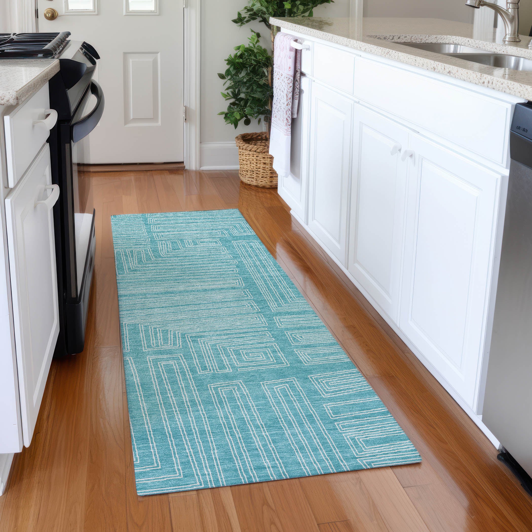 Vienna Machine Washable Transitional Turquoise Teal Rug 2'3" x 7'6" #shape_Runner