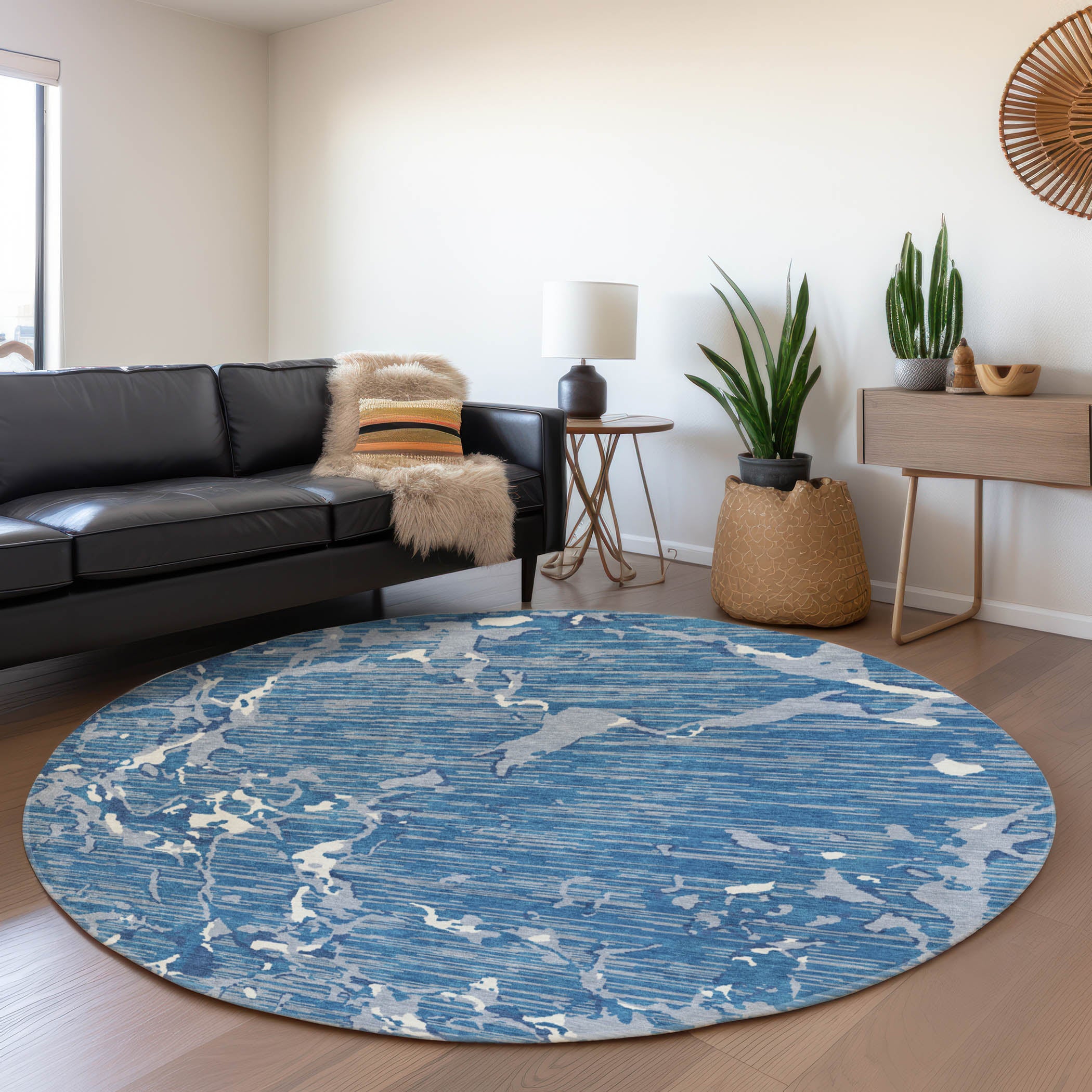 Baku Machine Washable Transitional Blue Rug 8' x 8' #shape_Round