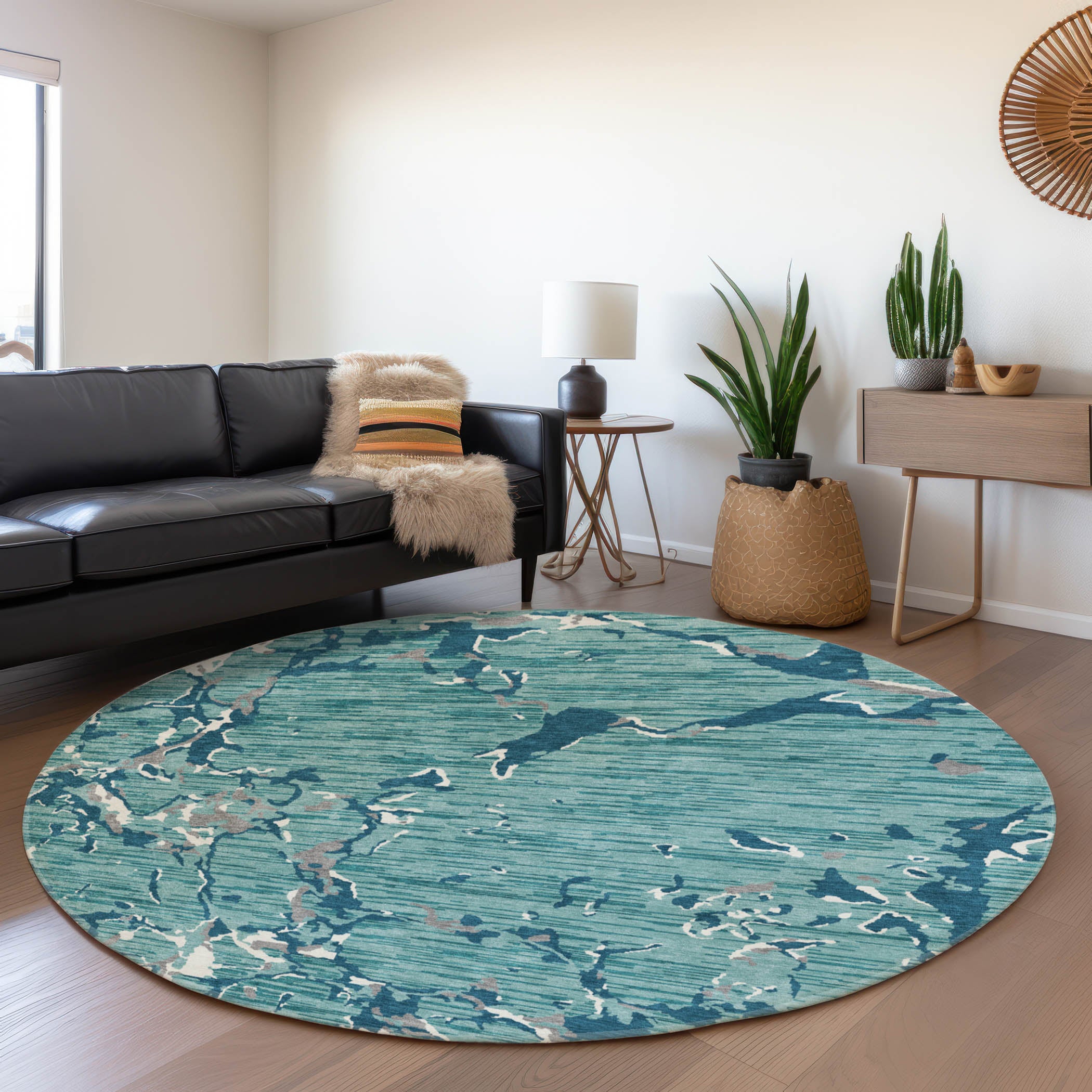 Baku Machine Washable Transitional Teal Rug 8' x 8' #shape_Round