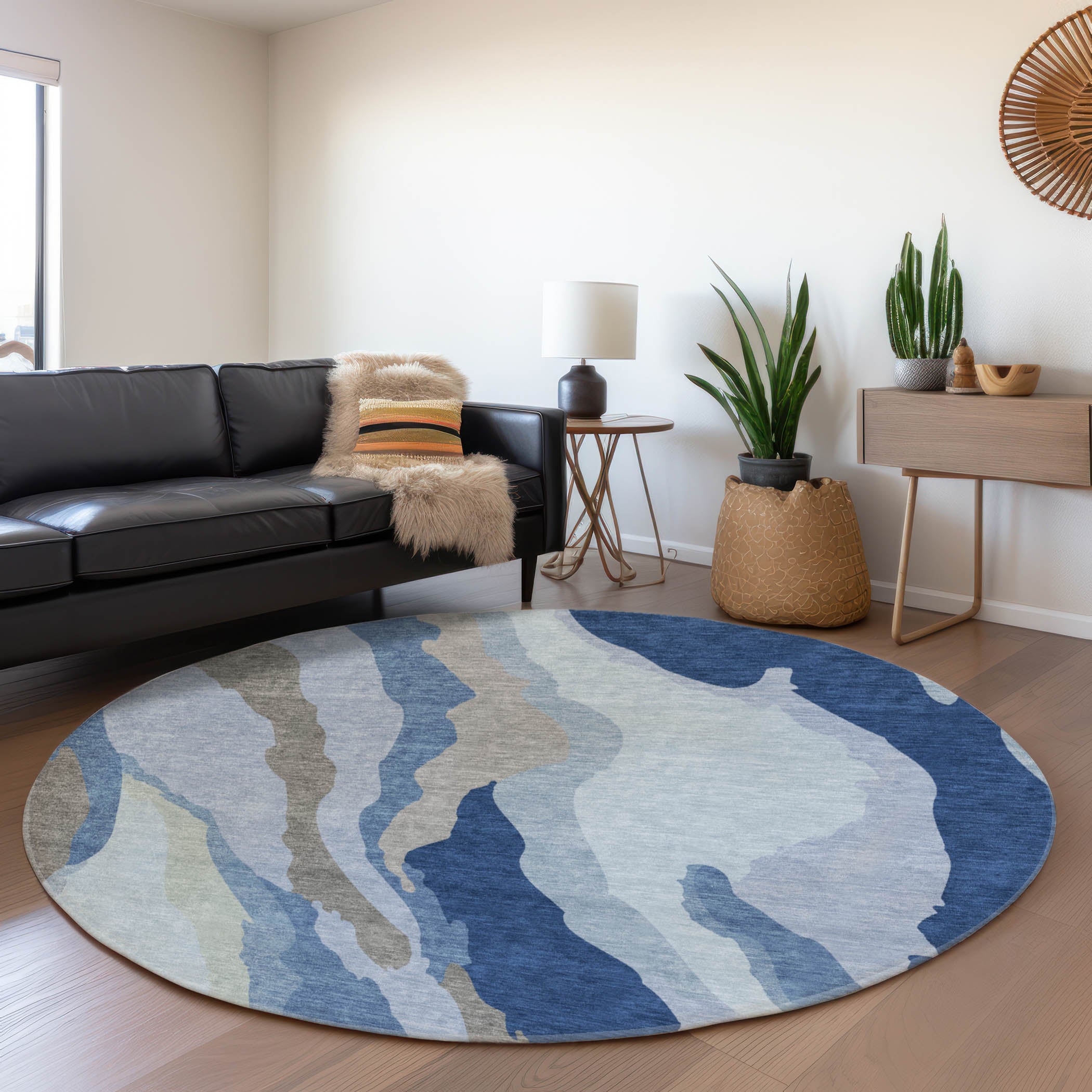 Baku Machine Washable Transitional Blue Rug 8' x 8' #shape_Round