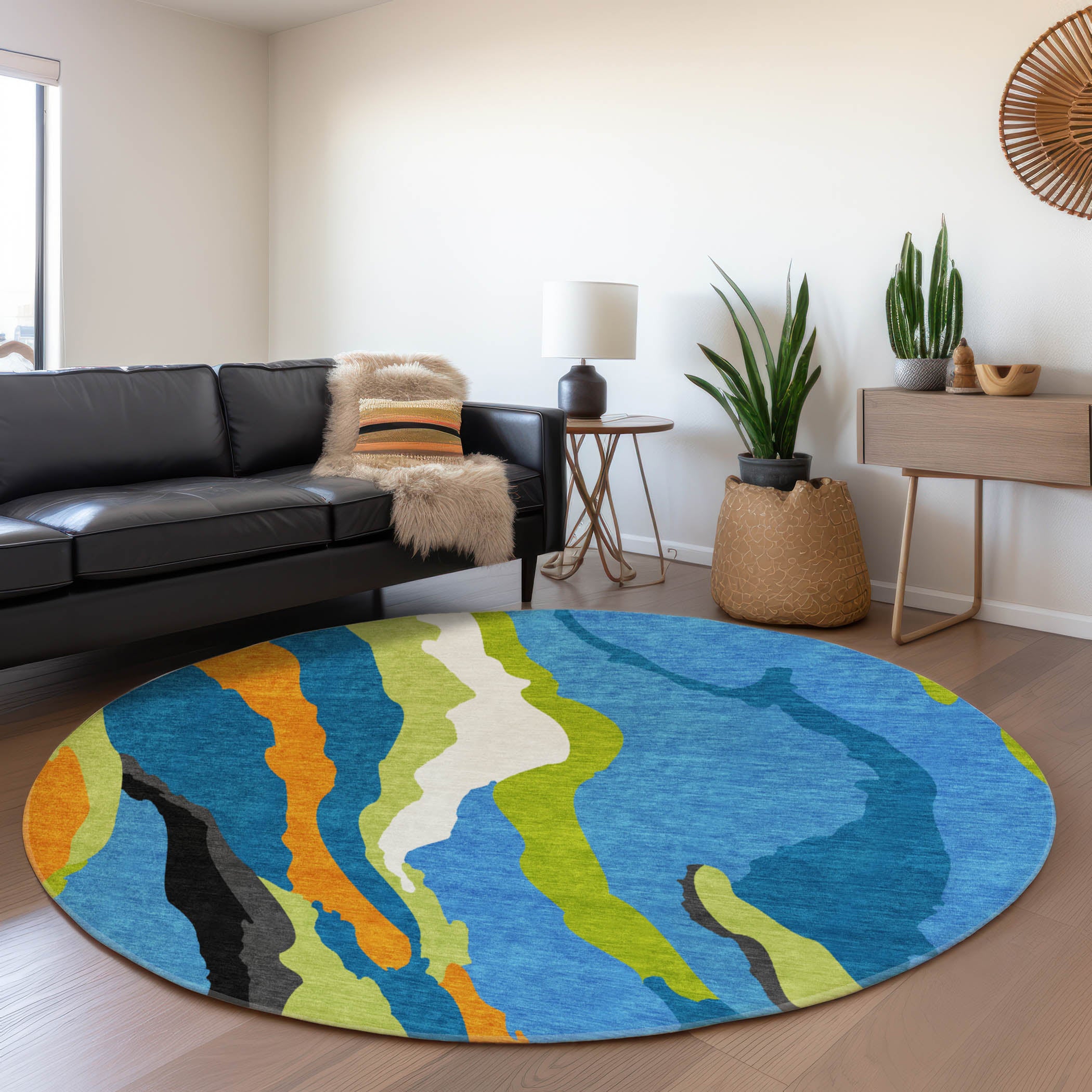 Baku Machine Washable Transitional Denim Blue Rug 8' x 8' #shape_Round