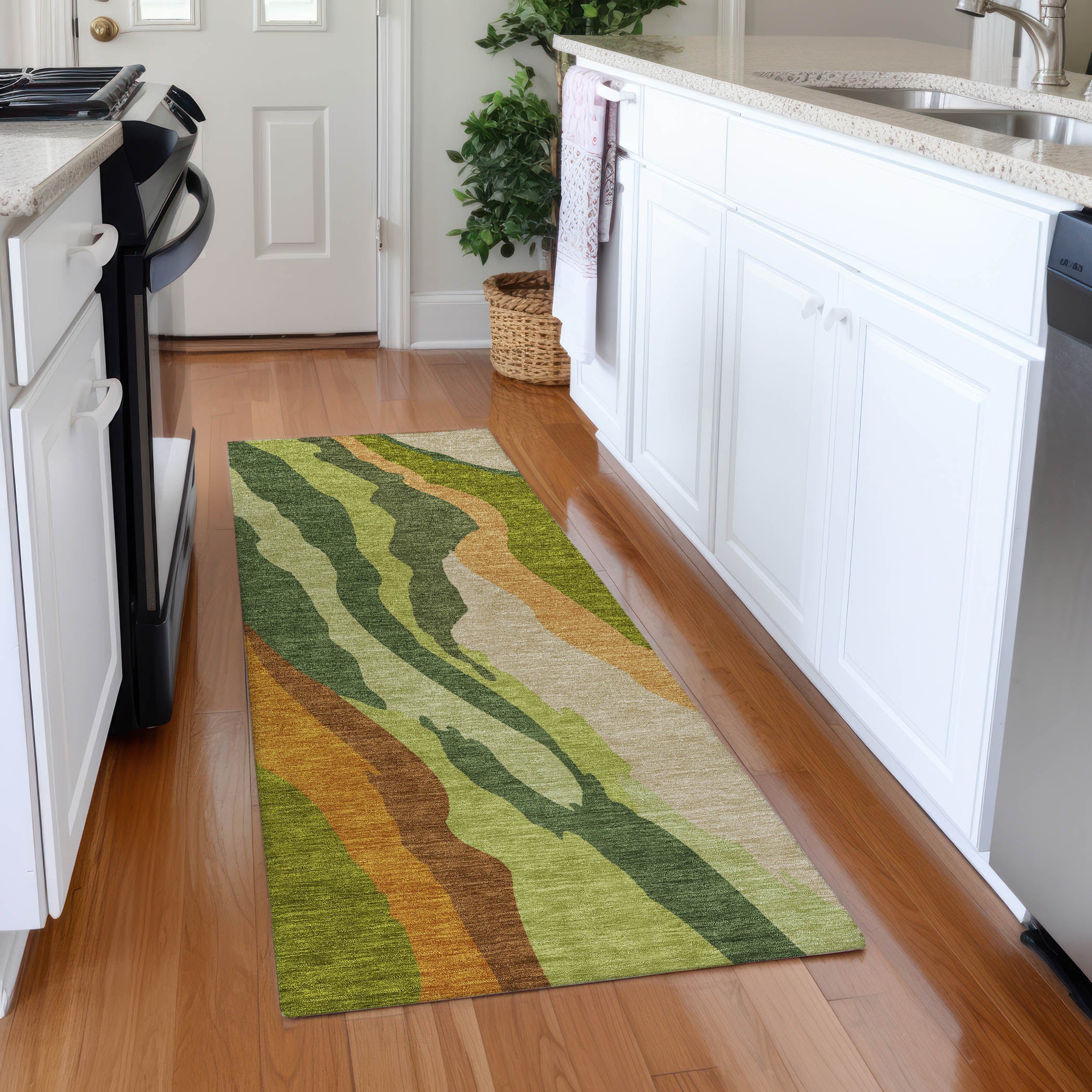 Baku Machine Washable Transitional Green Rug 2'3" x 7'6" #shape_Runner