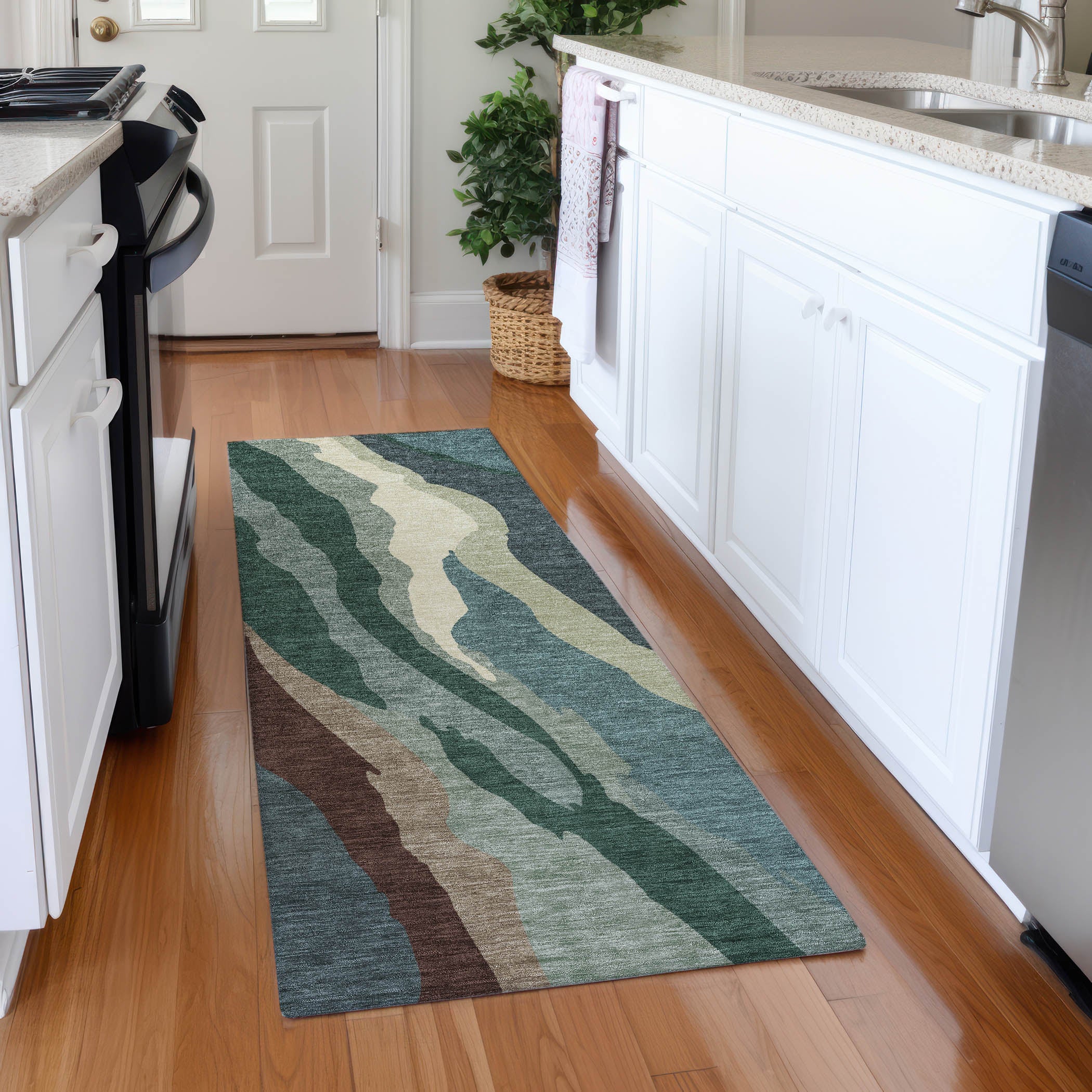 Baku Machine Washable Transitional Sage Green Rug 2'3" x 7'6" #shape_Runner
