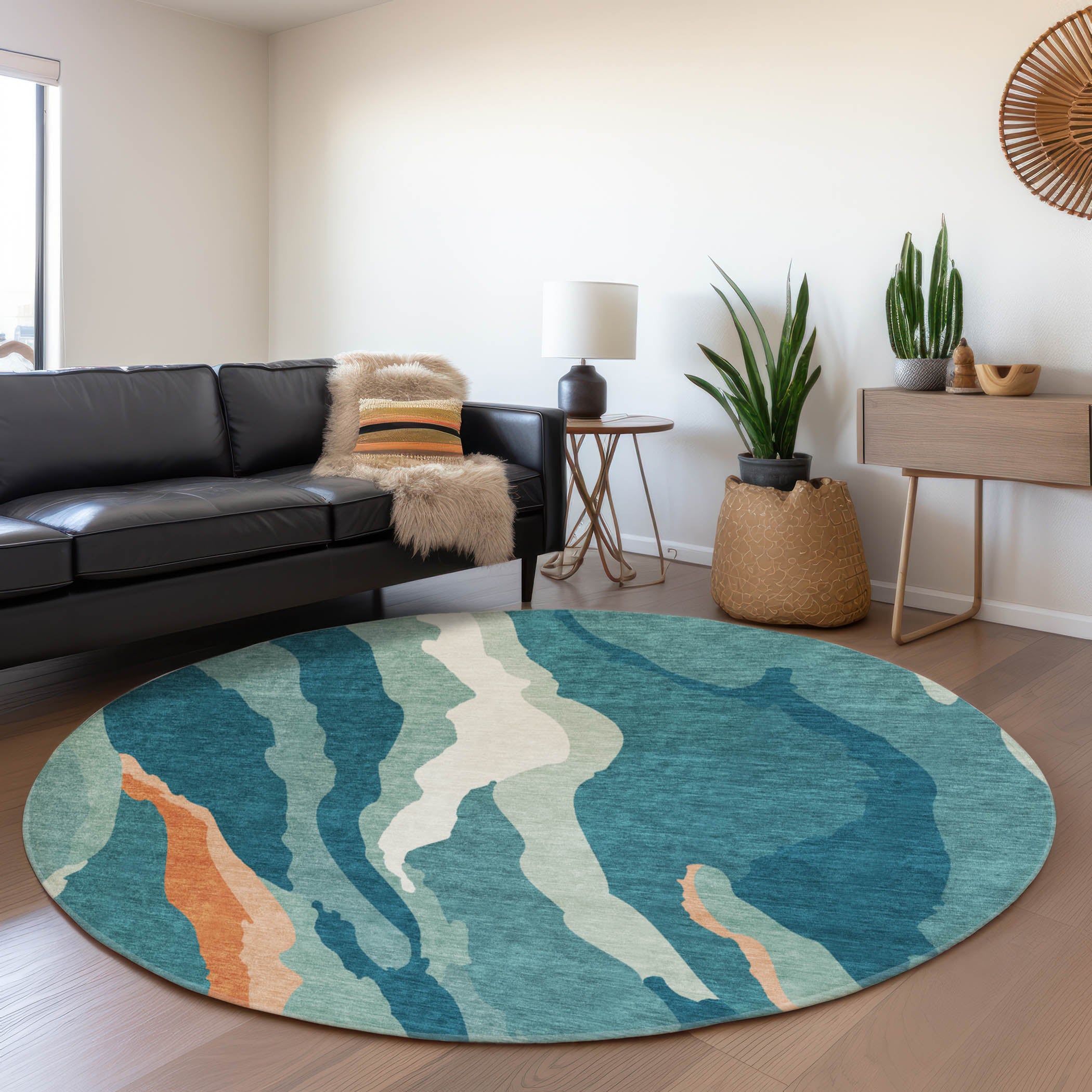 Baku Machine Washable Transitional Teal Rug 8' x 8' #shape_Round