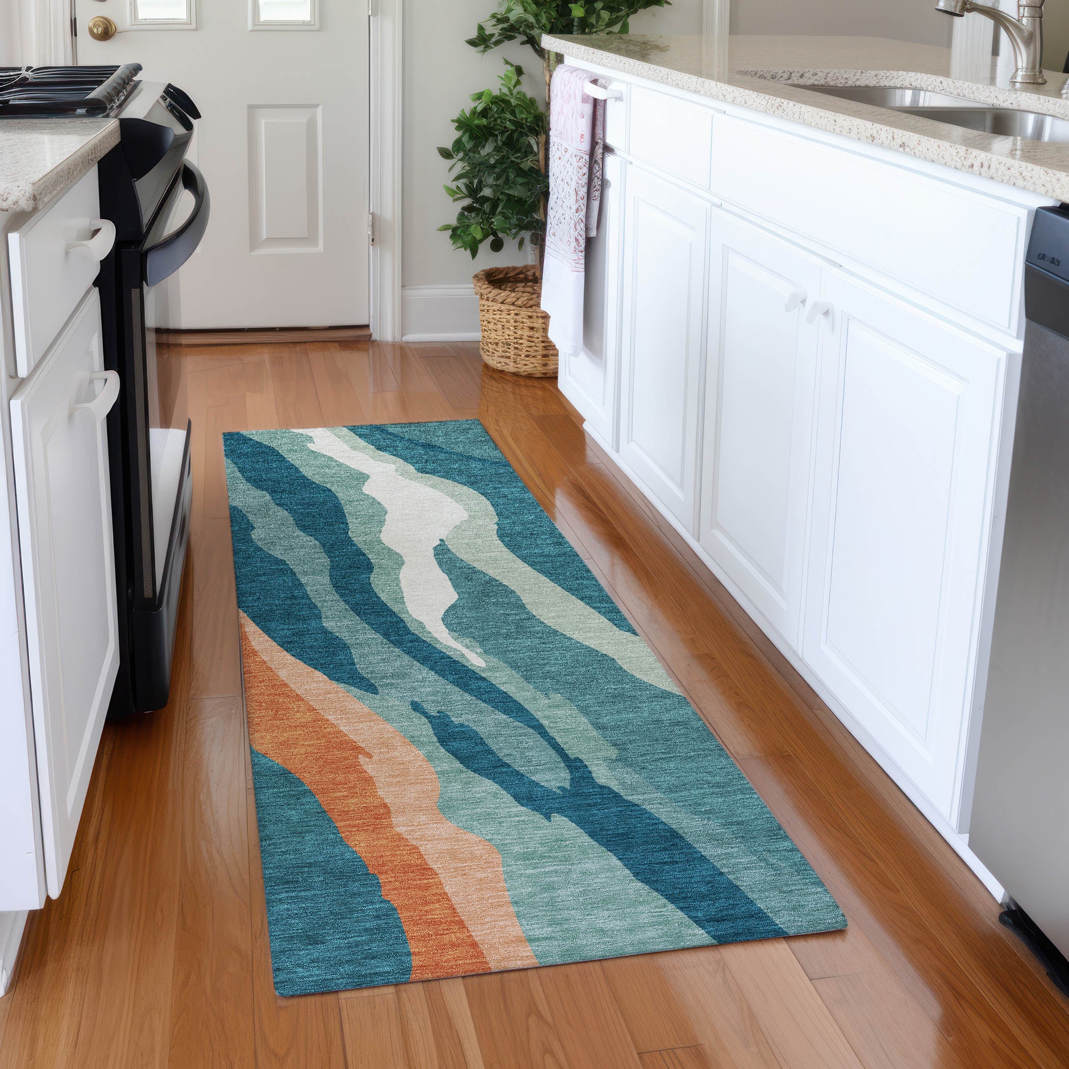 Baku Machine Washable Transitional Teal Rug 2'3" x 7'6" #shape_Runner