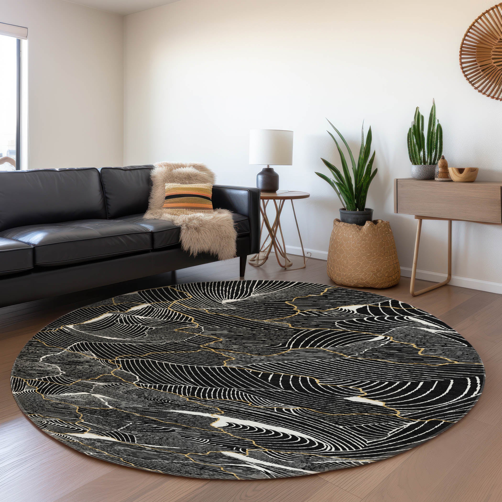 Seville Machine Washable Transitional Black Rug 8' x 8' #shape_Round