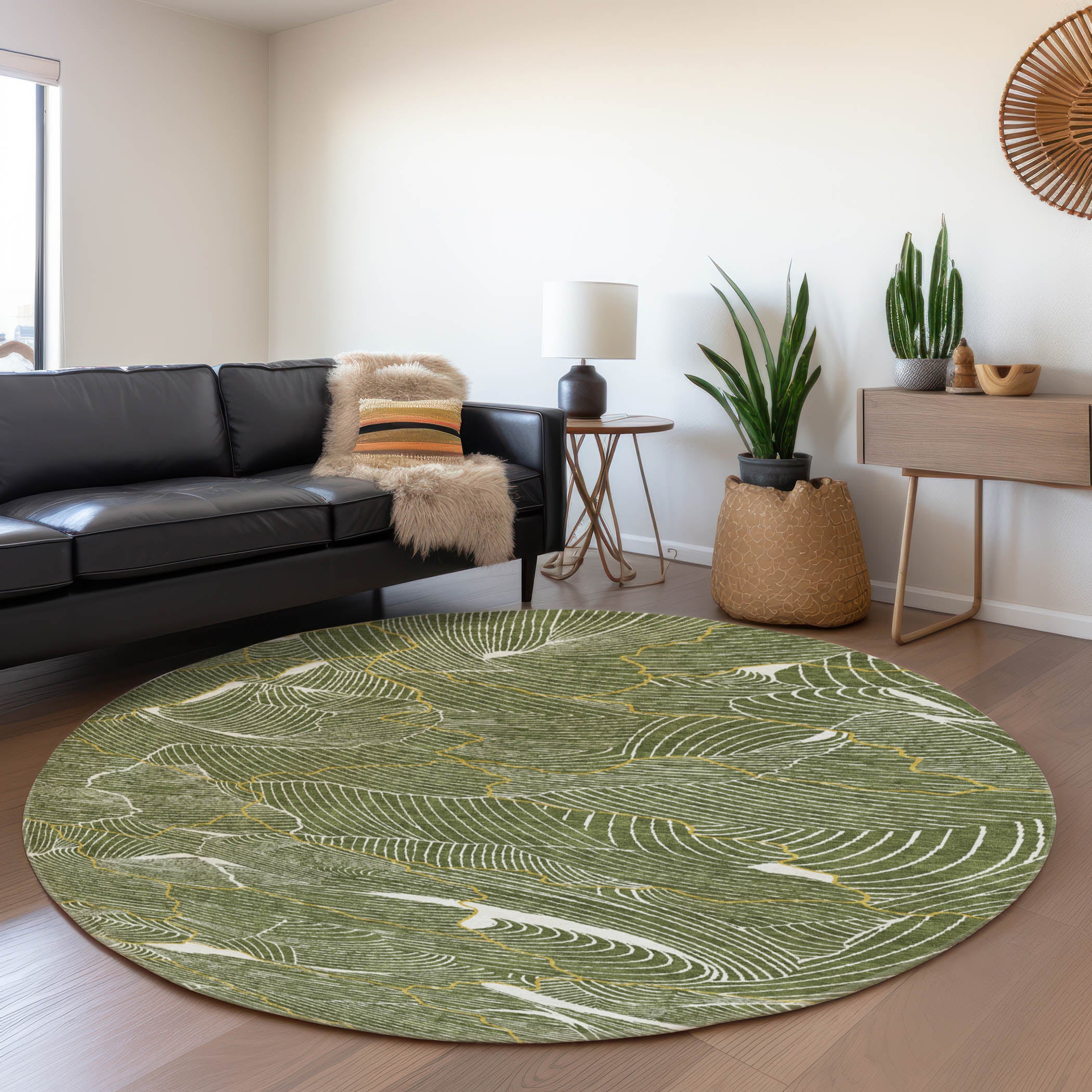 Seville Machine Washable Transitional Olive Green Rug 8' x 8' #shape_Round
