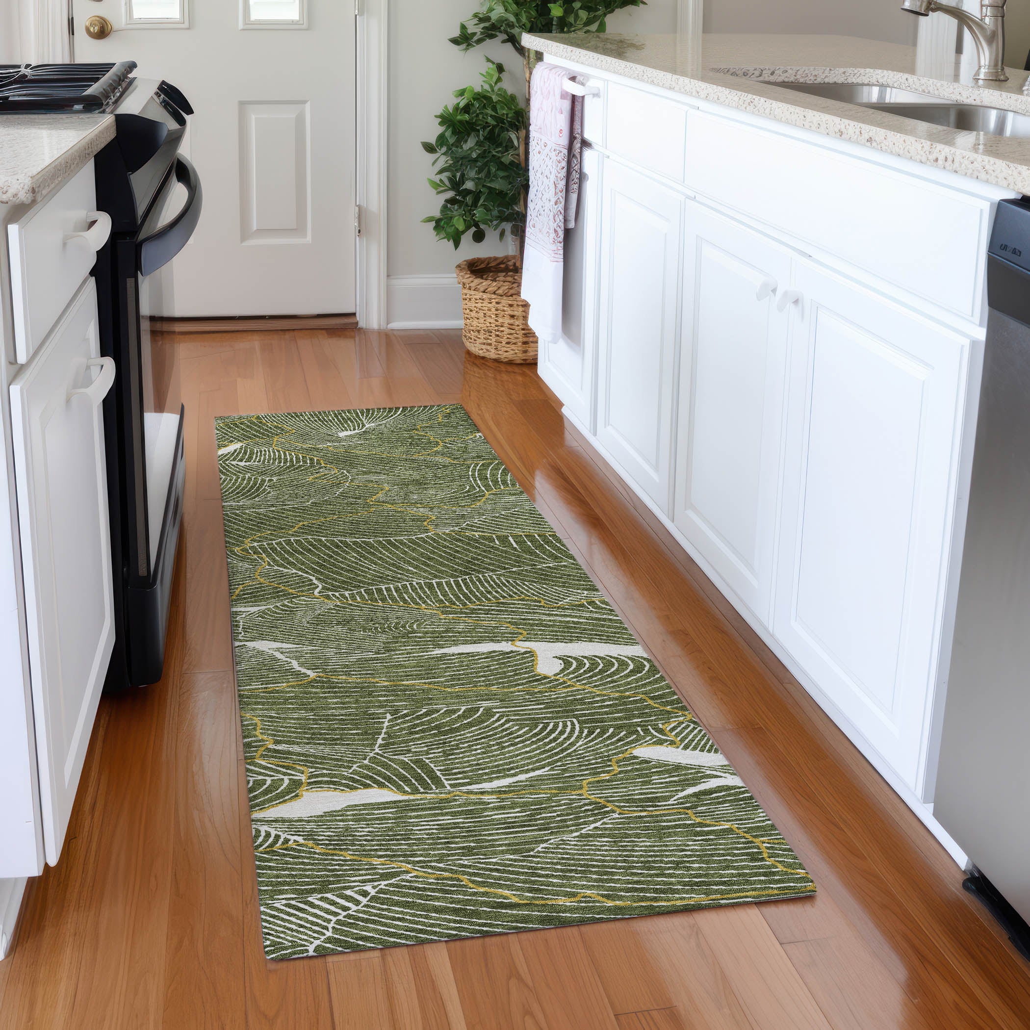 Seville Machine Washable Transitional Olive Green Rug 2'3" x 7'6" #shape_Runner