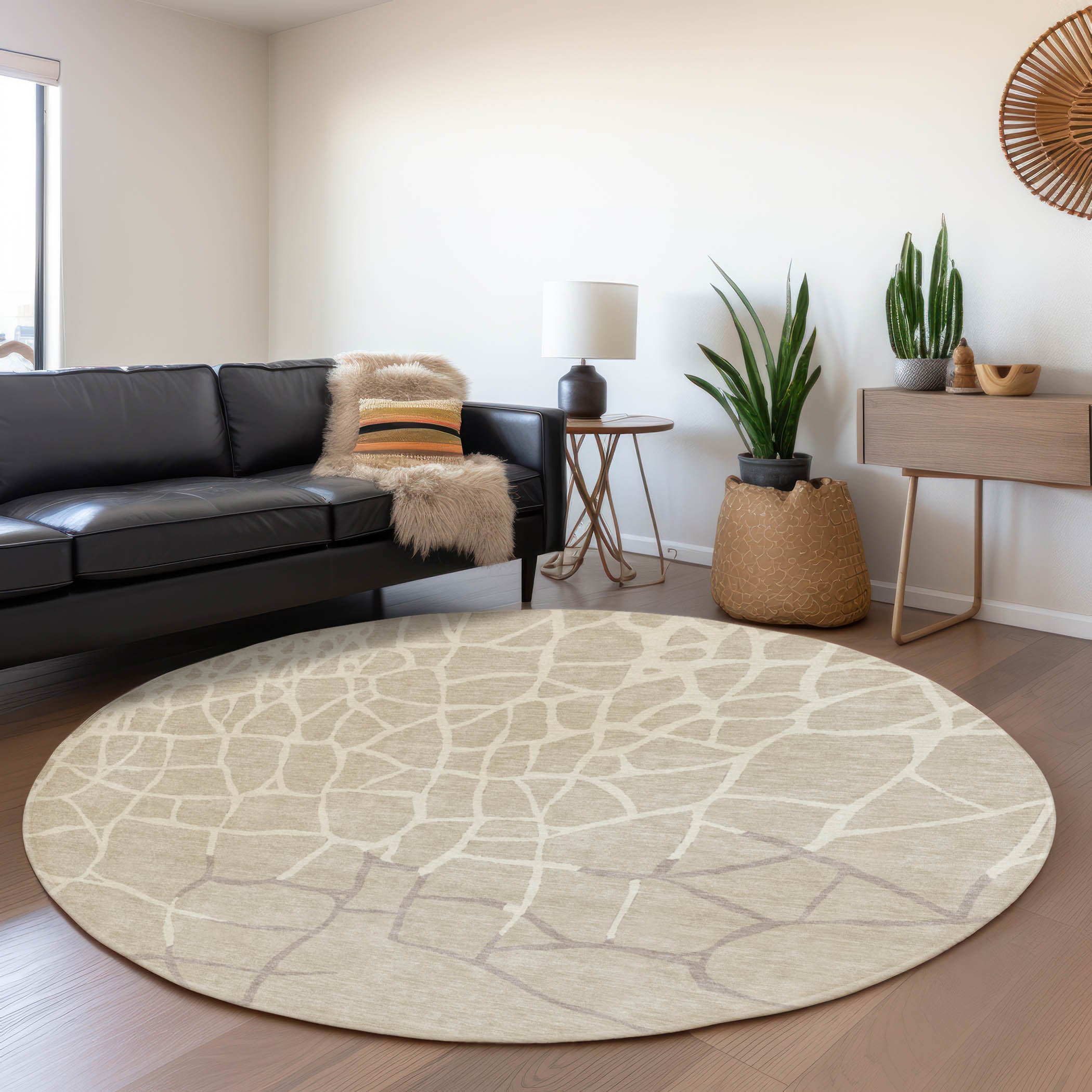 Dubrovnik Machine Washable Transitional Beige Brown Rug 8' x 8' #shape_Round