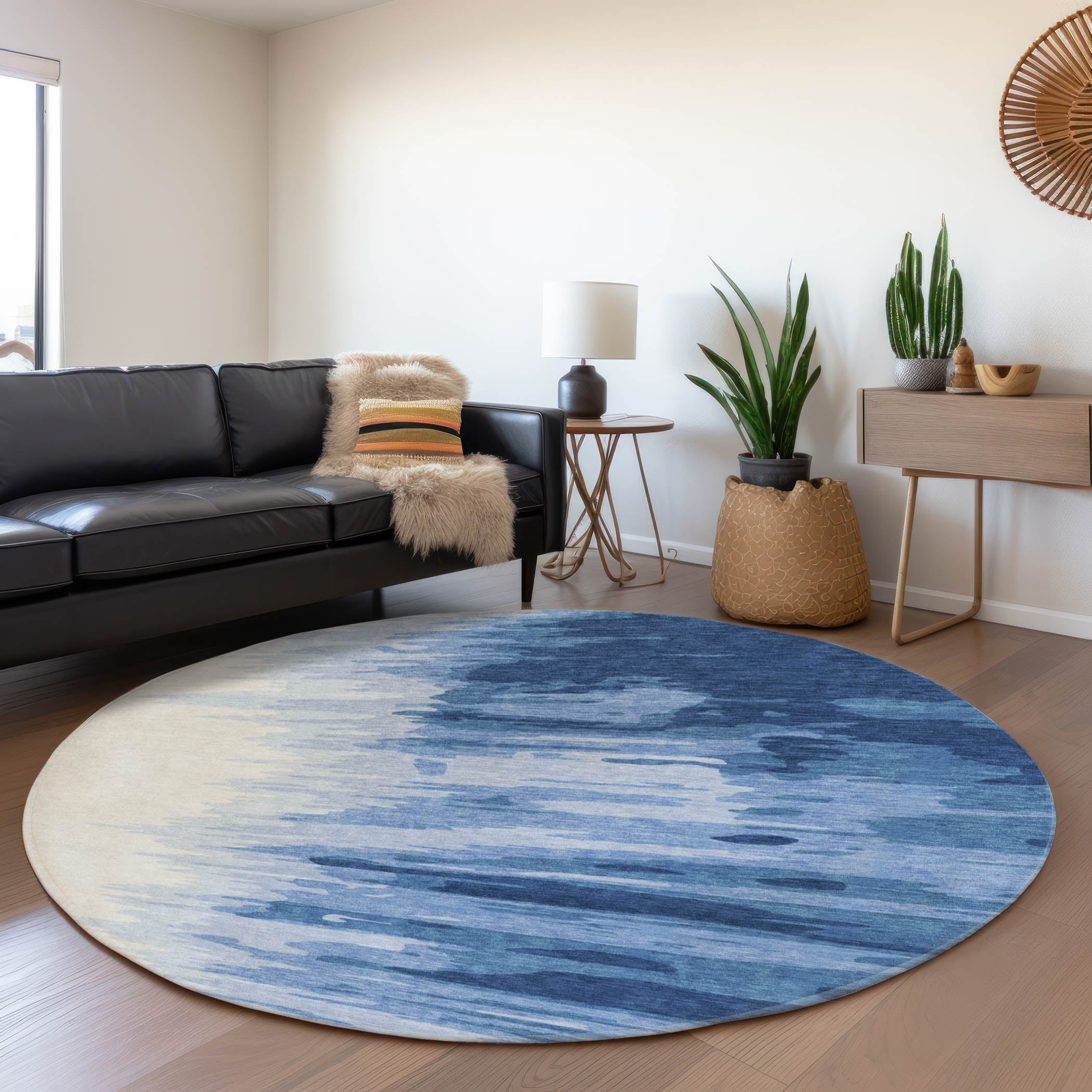 Dubrovnik Machine Washable Transitional Navy Blue Rug 8' x 8' #shape_Round