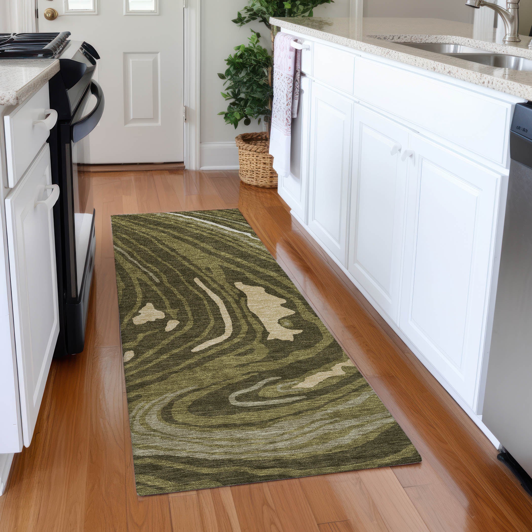Vienna Machine Washable Transitional Olive Green Rug 2'3" x 7'6" #shape_Runner