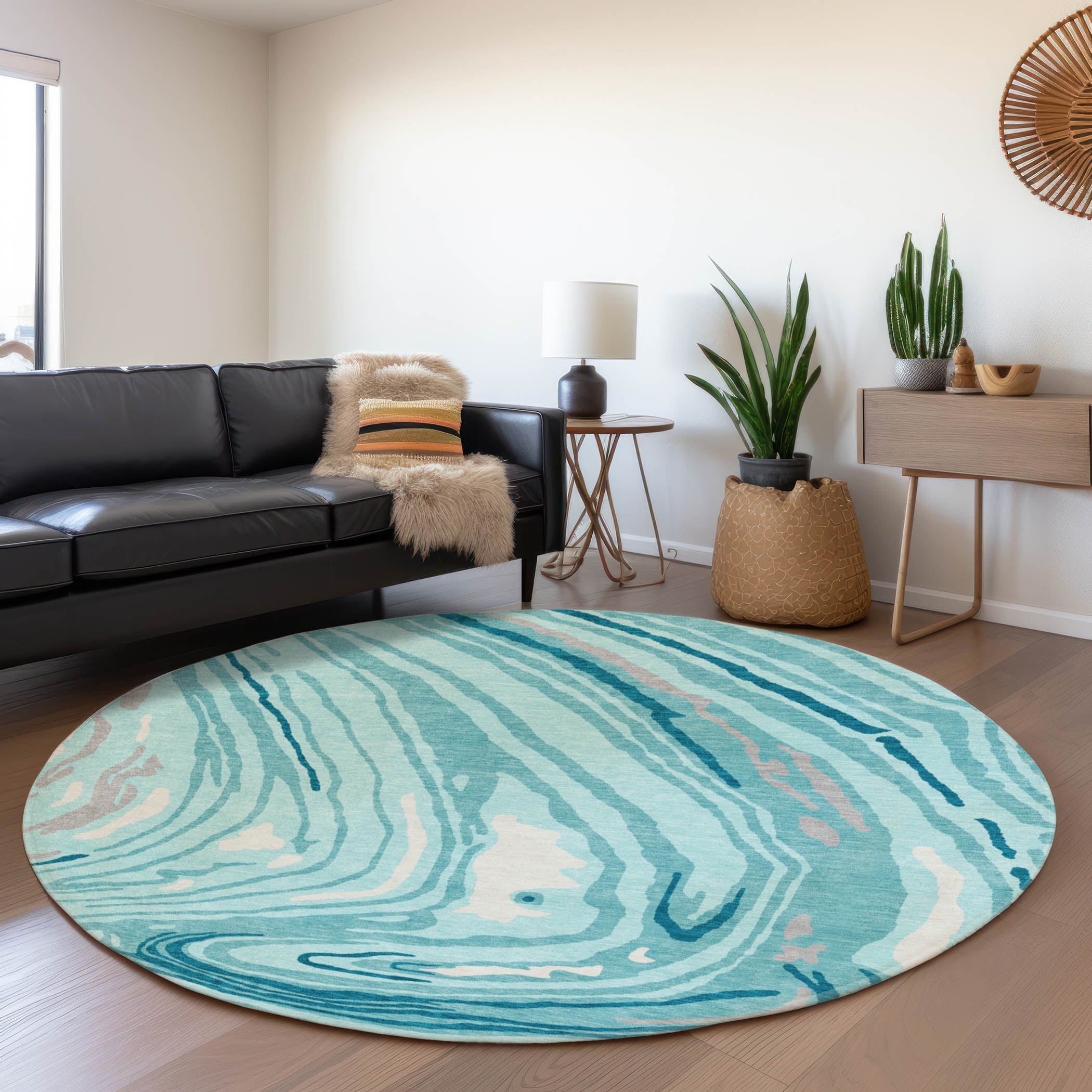 Vienna Machine Washable Transitional Turquoise Teal Rug 8' x 8' #shape_Round