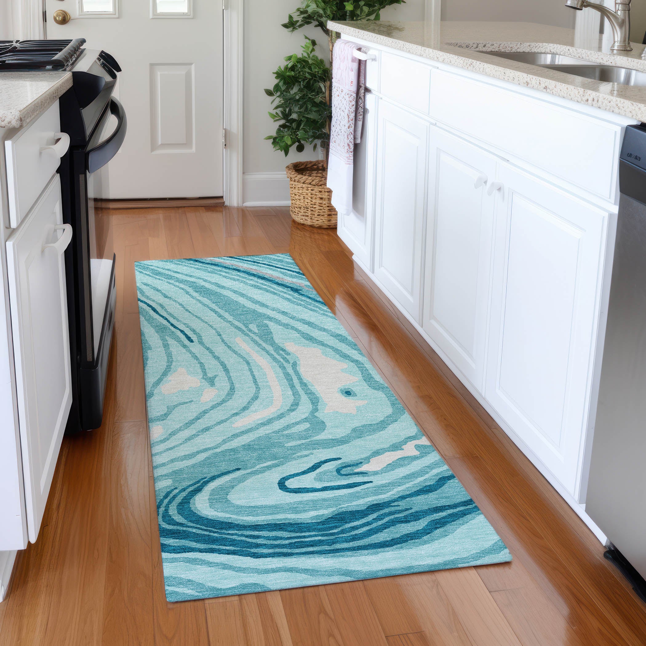 Vienna Machine Washable Transitional Turquoise Teal Rug 2'3" x 7'6" #shape_Runner