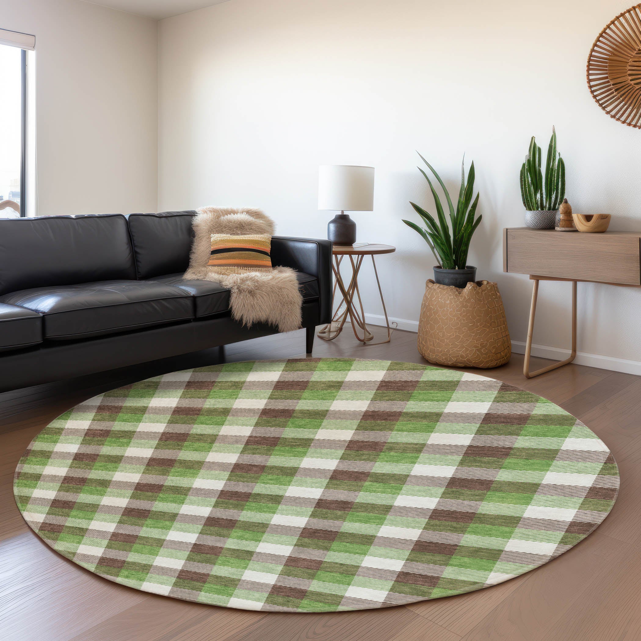 Seoul Machine Washable Transitional Brown Rug 8' x 8' #shape_Round