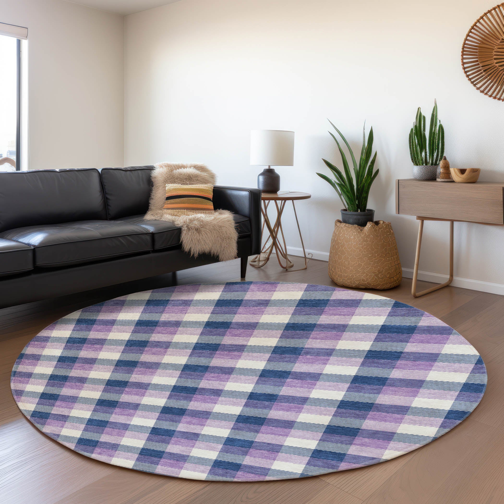 Seoul Machine Washable Transitional Navy Blue Rug 8' x 8' #shape_Round