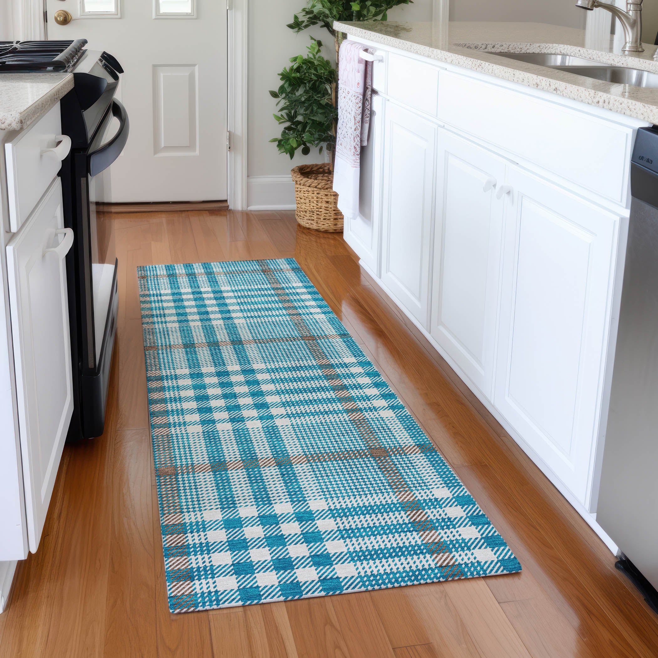 Montevideo Machine Washable Transitional Teal Rug 2'3" x 7'6" #shape_Runner