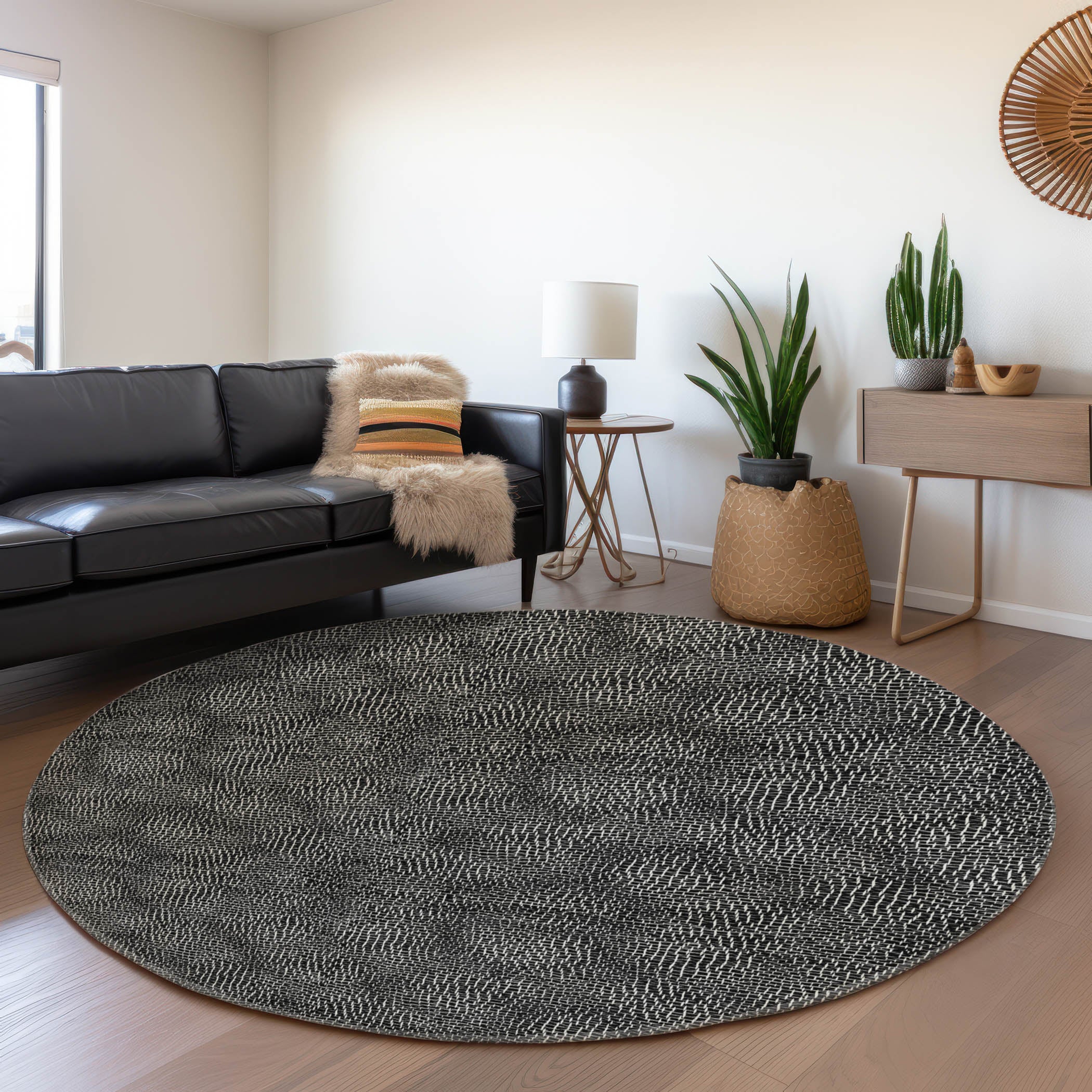 Split Machine Washable Transitional Black Rug 8' x 8' #shape_Round