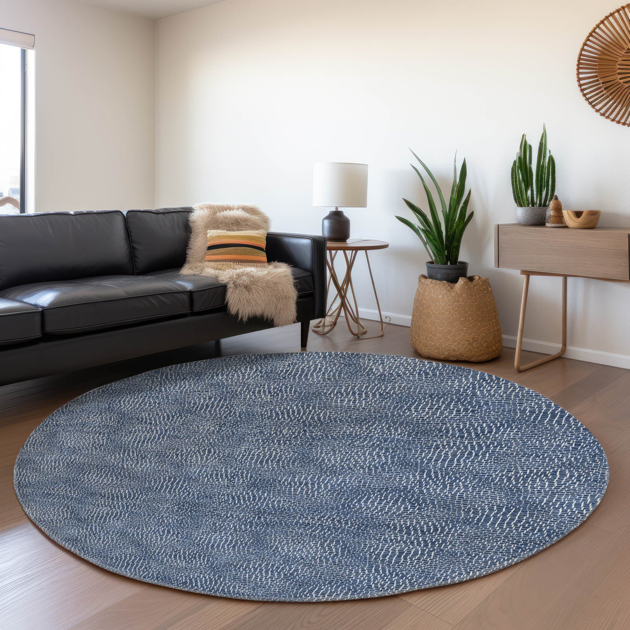 Split Machine Washable Transitional Navy Blue Rug 8' x 8' #shape_Round