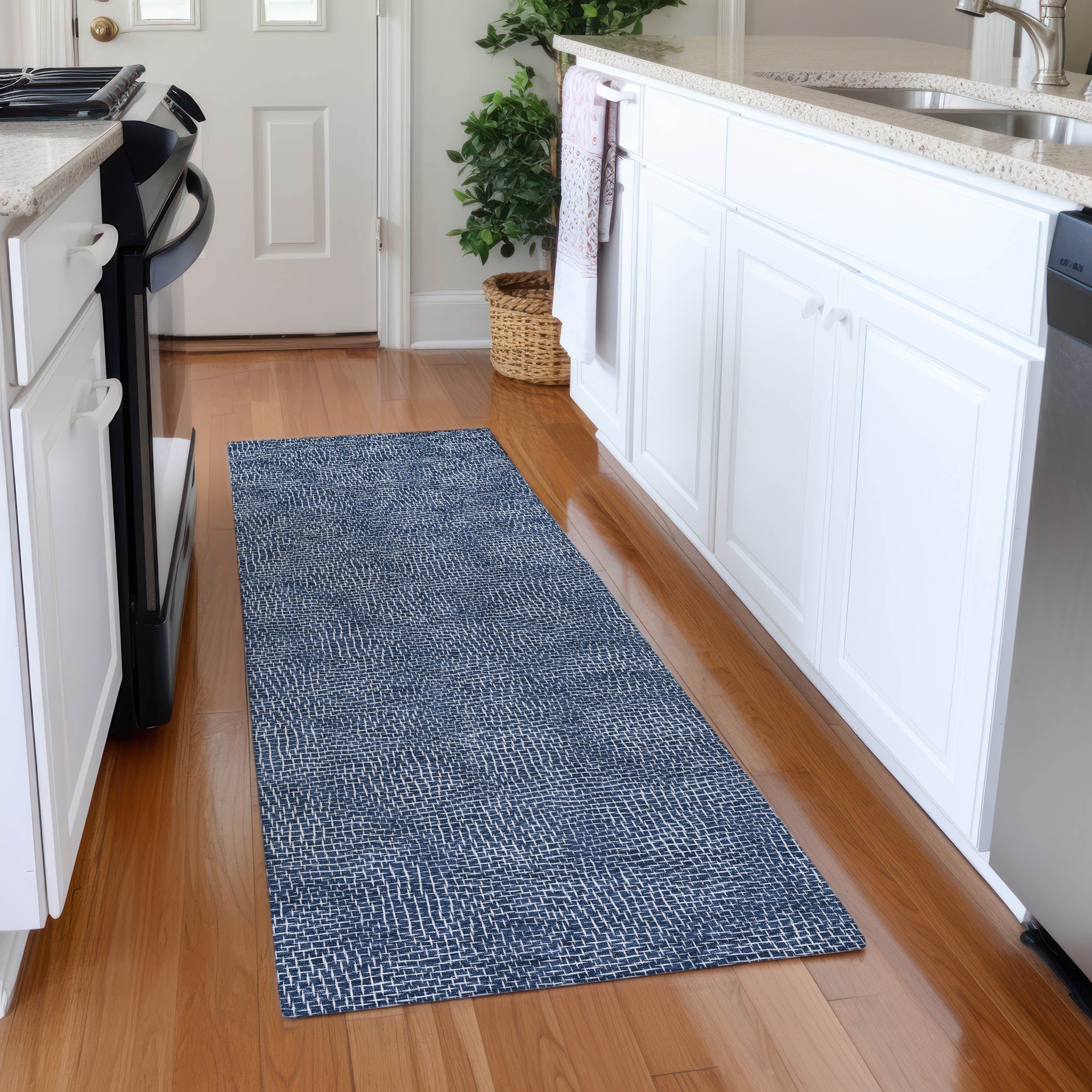 Split Machine Washable Transitional Navy Blue Rug 2'3" x 7'6" #shape_Runner