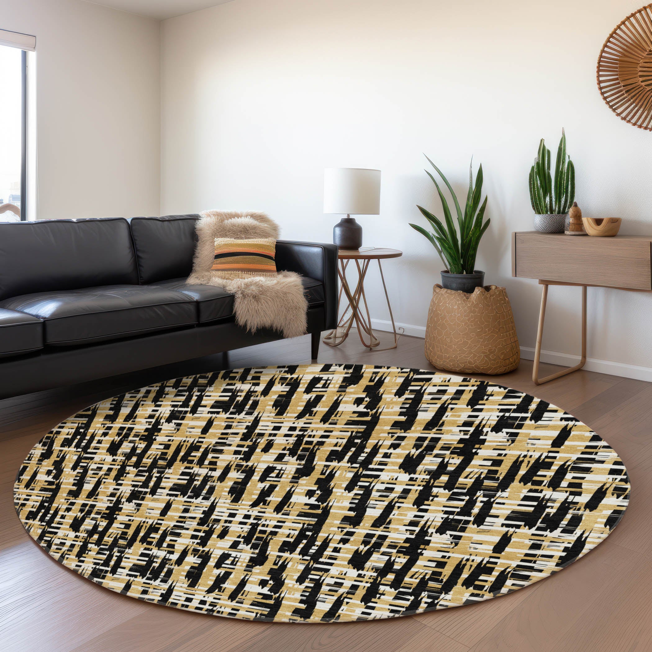 Luang Prabang Machine Washable Transitional Black Rug 8' x 8' #shape_Round