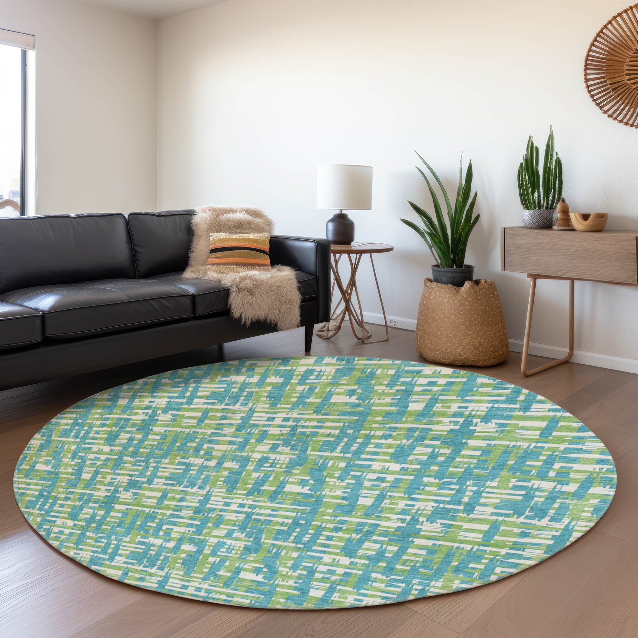 Luang Prabang Machine Washable Transitional Turquoise Teal Rug 8' x 8' #shape_Round