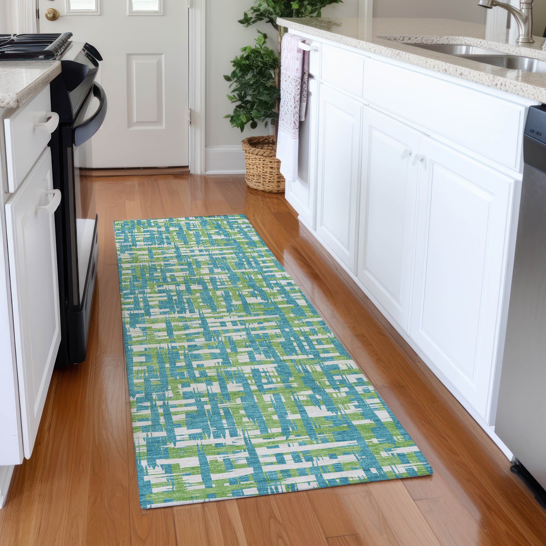 Luang Prabang Machine Washable Transitional Turquoise Teal Rug 2'3" x 7'6" #shape_Runner