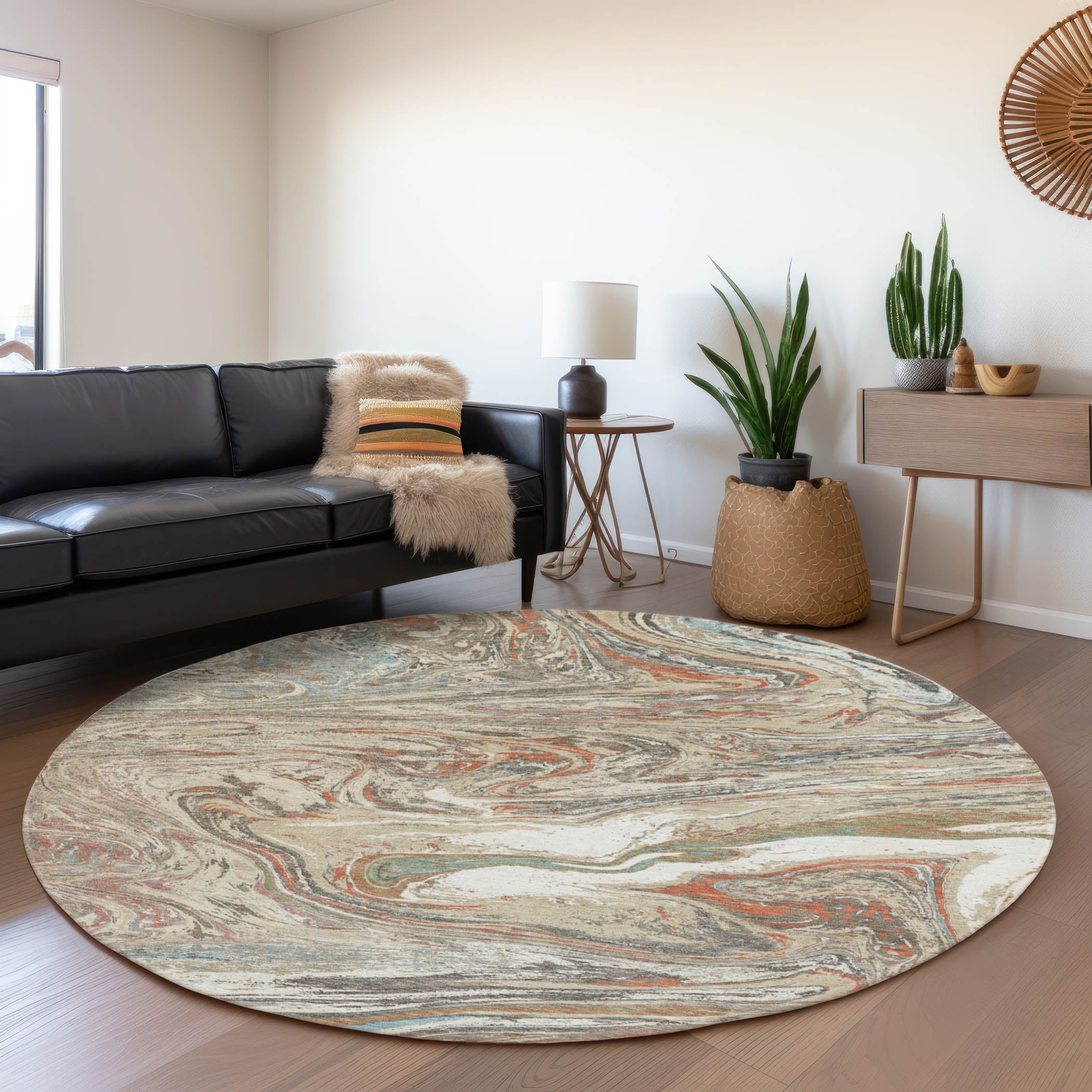 Cairo Machine Washable Transitional Beige Brown Rug 8' x 8' #shape_Round