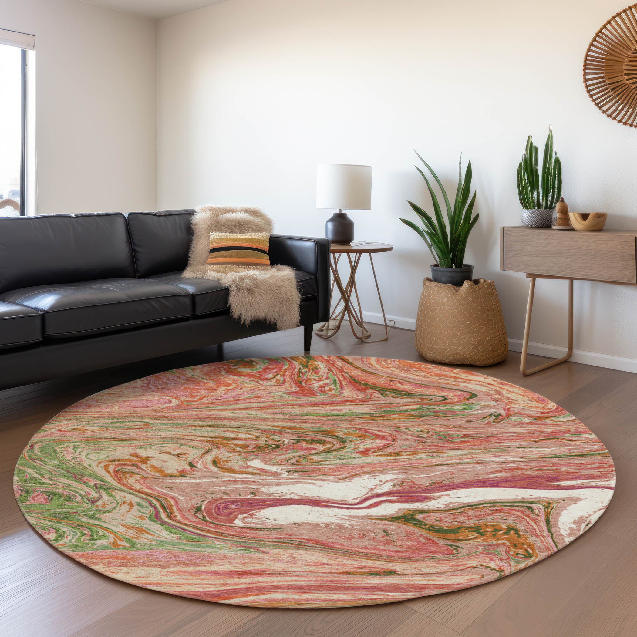 Cairo Machine Washable Transitional Coral Orange Rug 8' x 8' #shape_Round