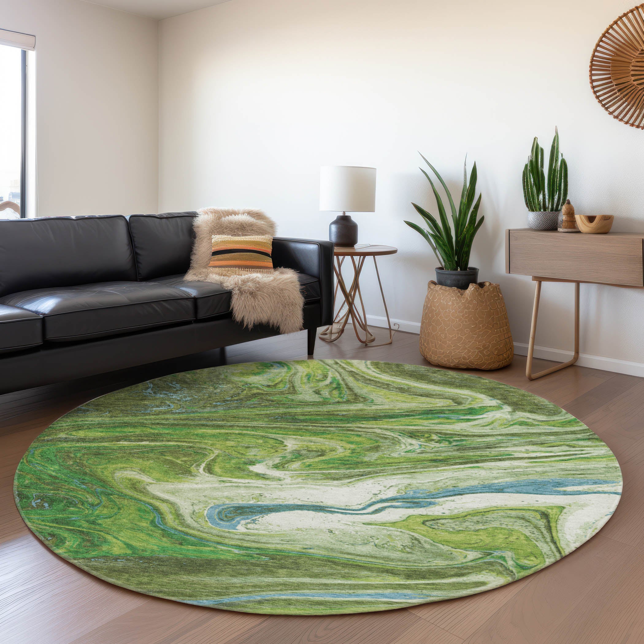 Cairo Machine Washable Transitional Green Rug 8' x 8' #shape_Round