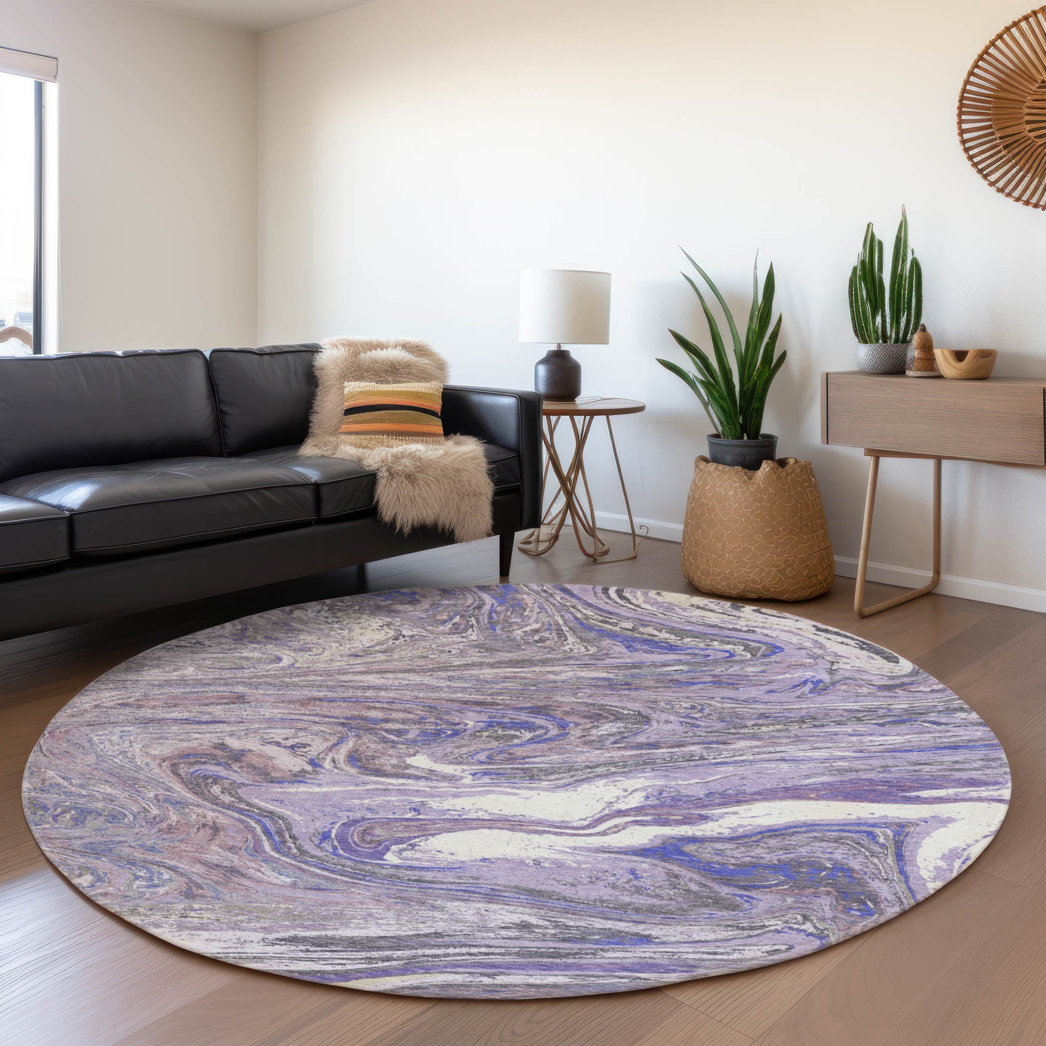 Cairo Machine Washable Transitional Lavender Purple Rug 8' x 8' #shape_Round