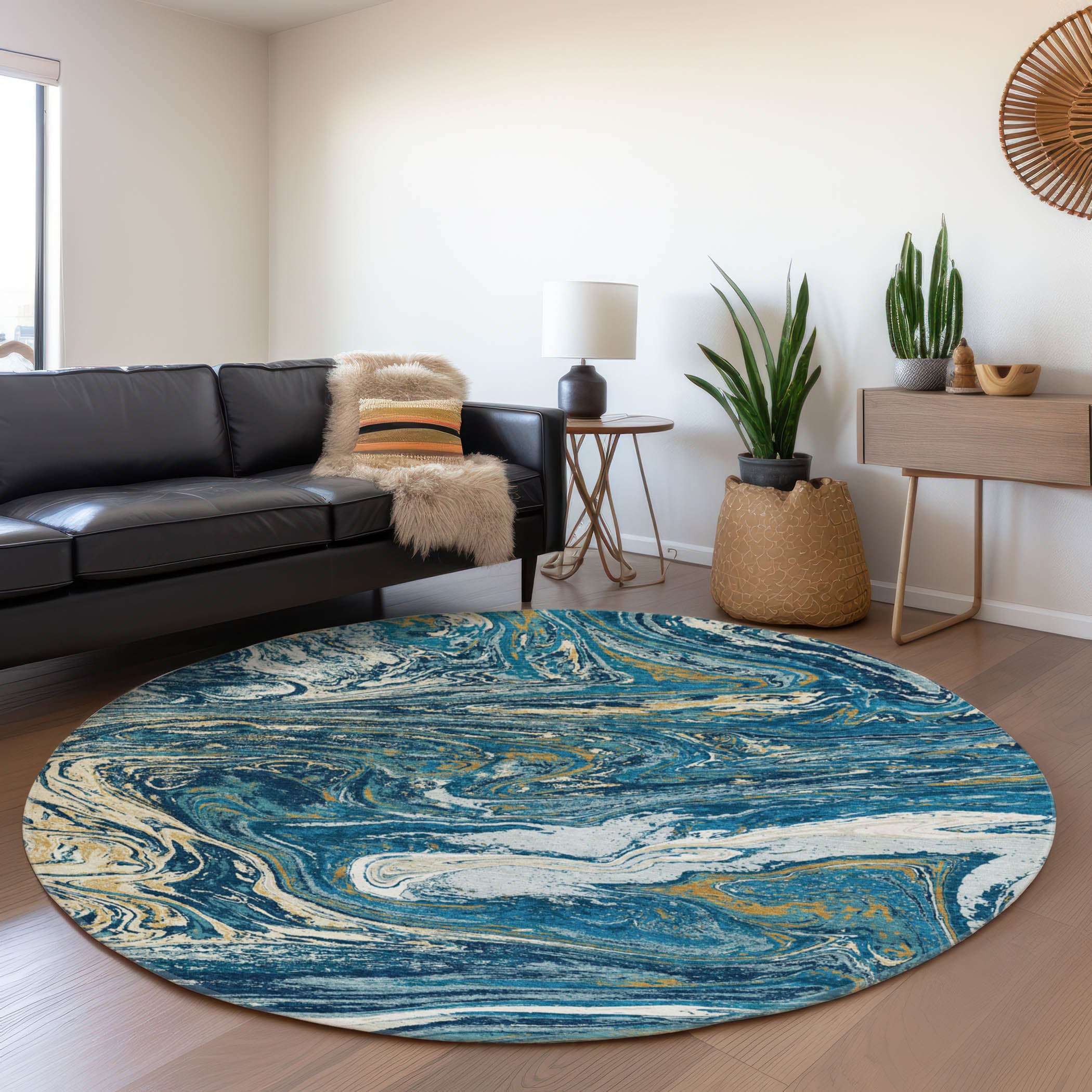 Cairo Machine Washable Transitional Navy Blue Rug 8' x 8' #shape_Round
