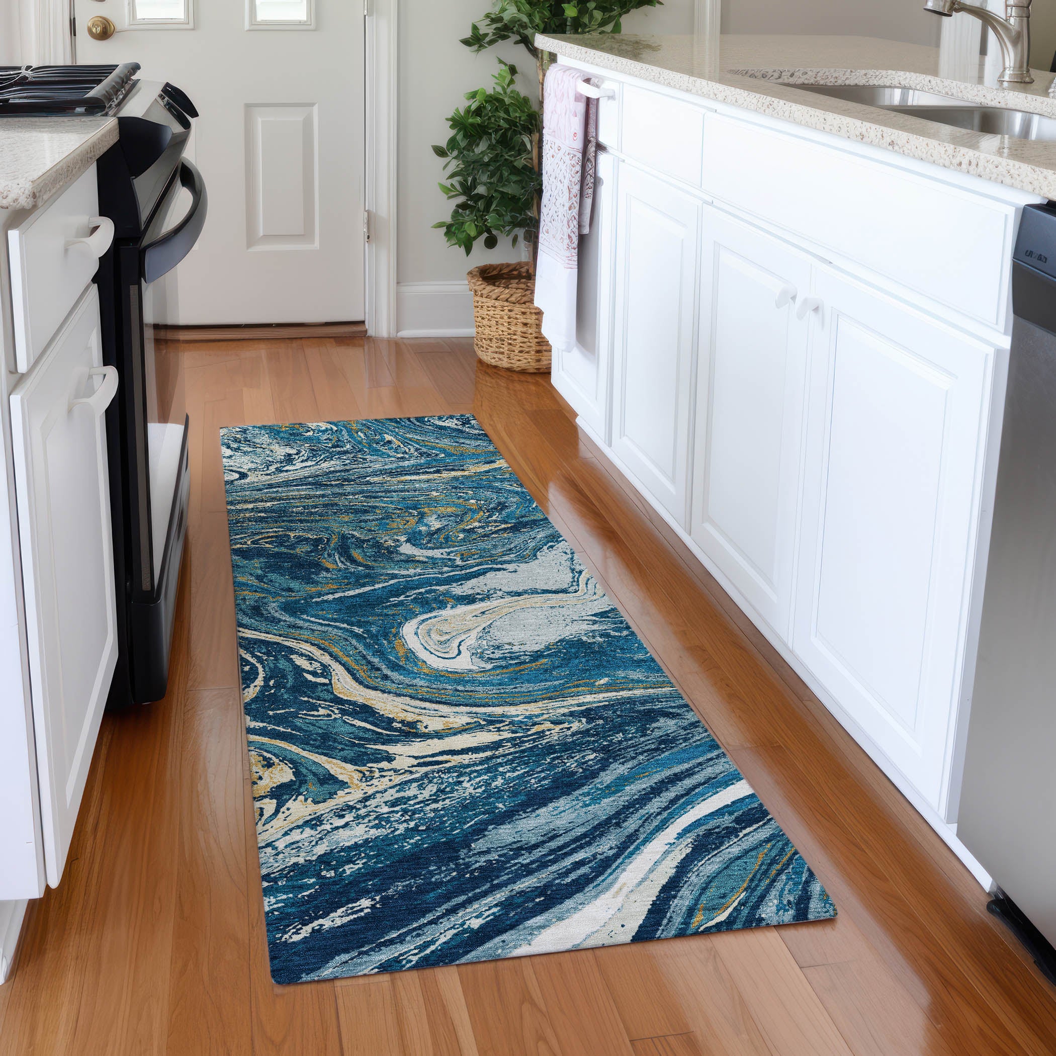 Cairo Machine Washable Transitional Navy Blue Rug 2'3" x 7'6" #shape_Runner