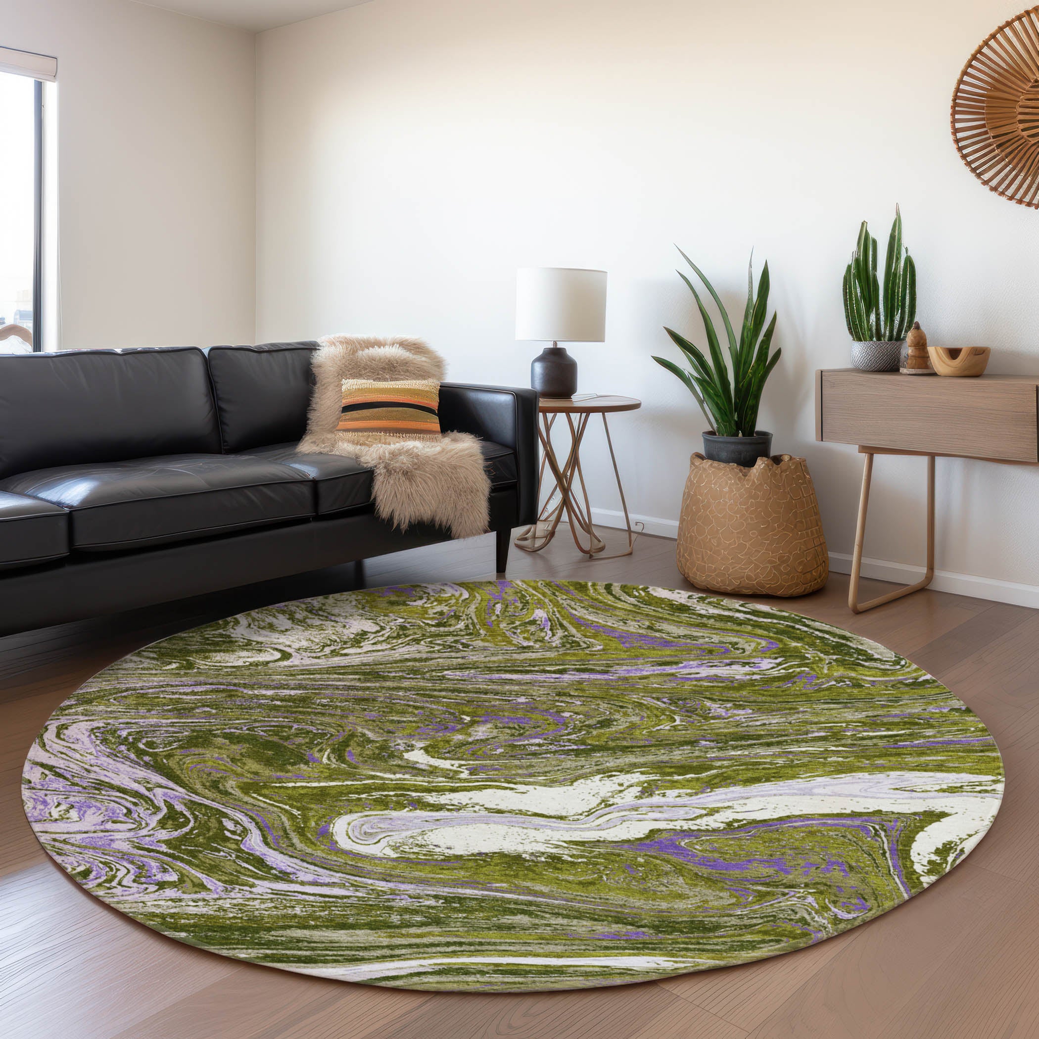Cairo Machine Washable Transitional Olive Green Rug 8' x 8' #shape_Round