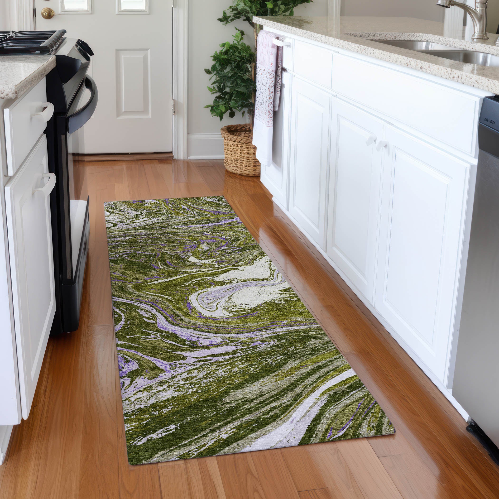 Cairo Machine Washable Transitional Olive Green Rug 2'3" x 7'6" #shape_Runner