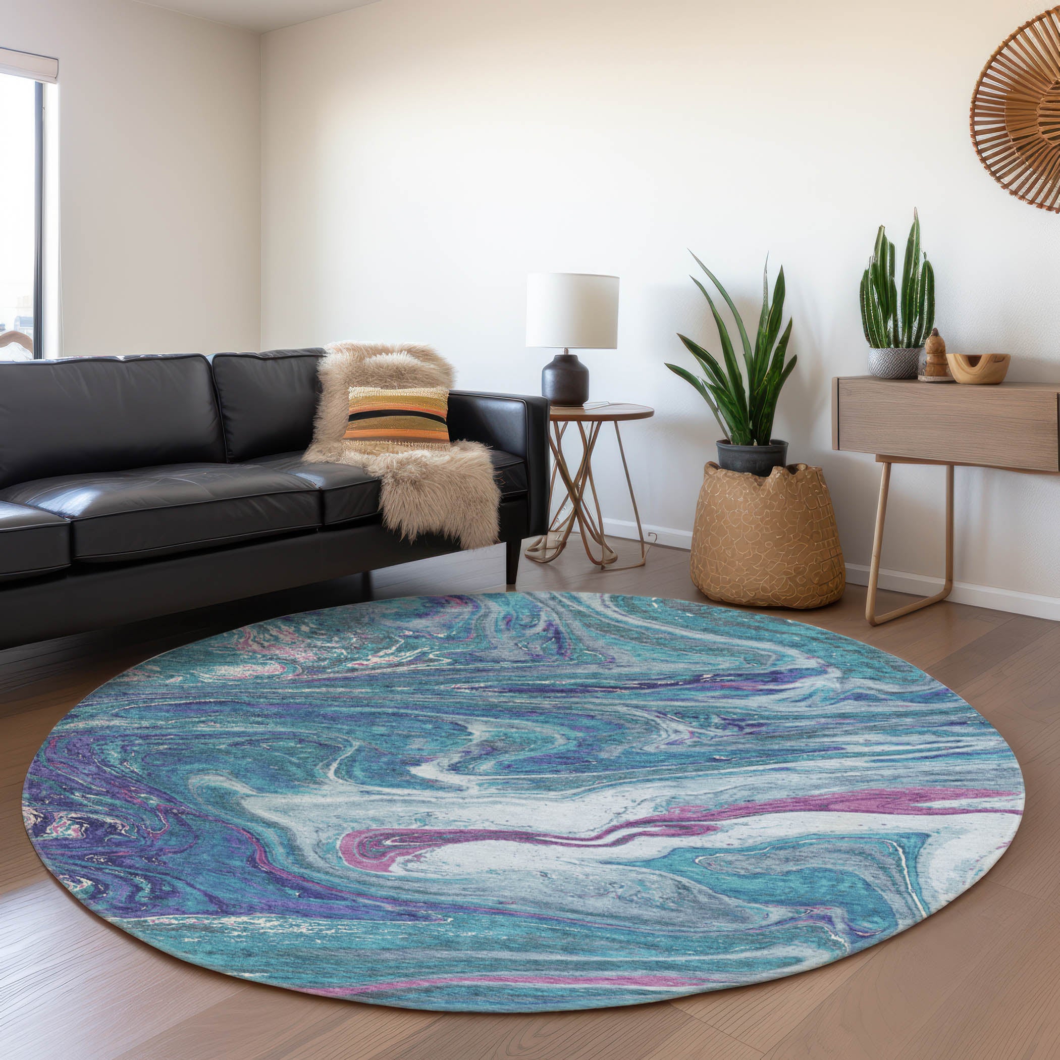Cairo Machine Washable Transitional Teal Rug 8' x 8' #shape_Round