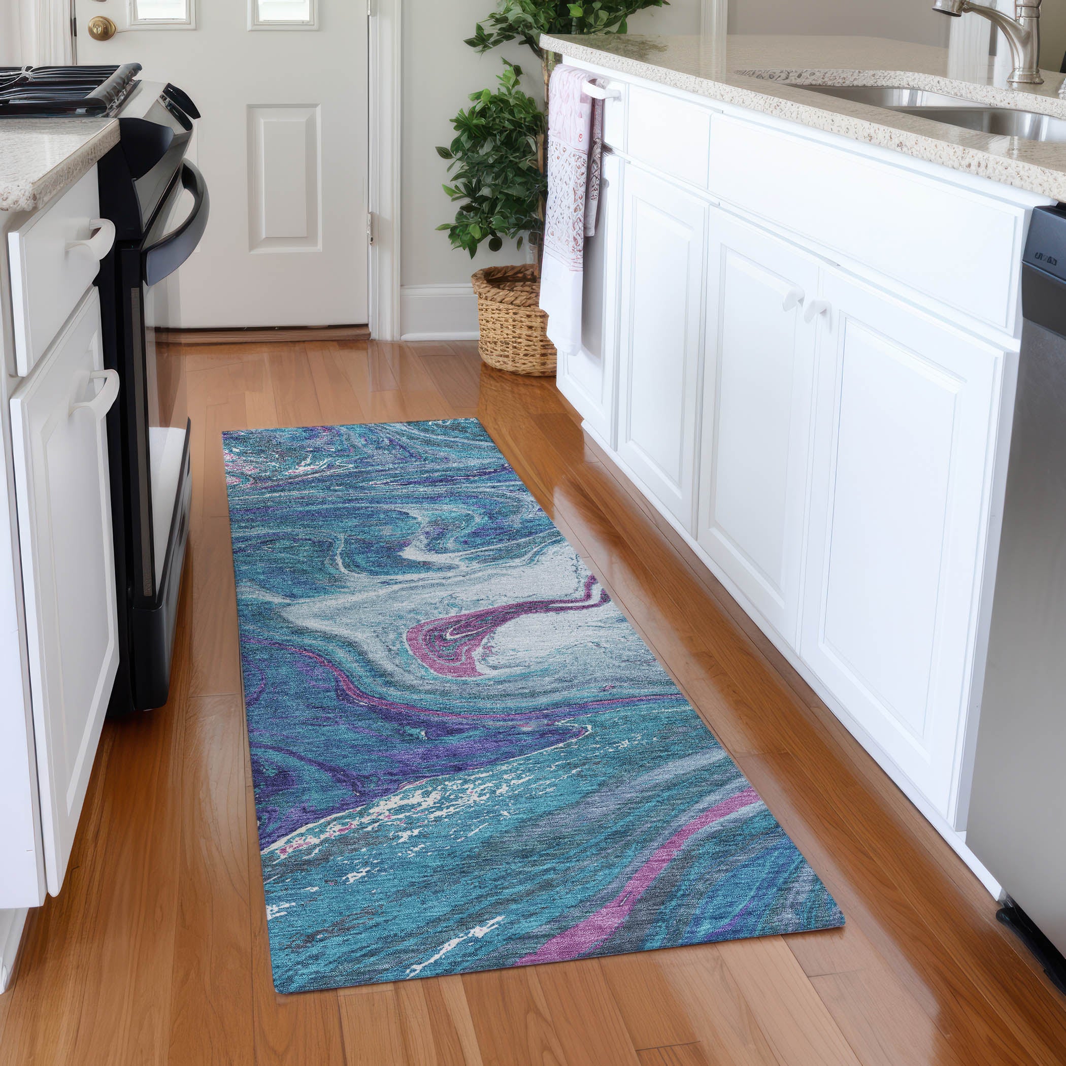 Cairo Machine Washable Transitional Teal Rug 2'3" x 7'6" #shape_Runner