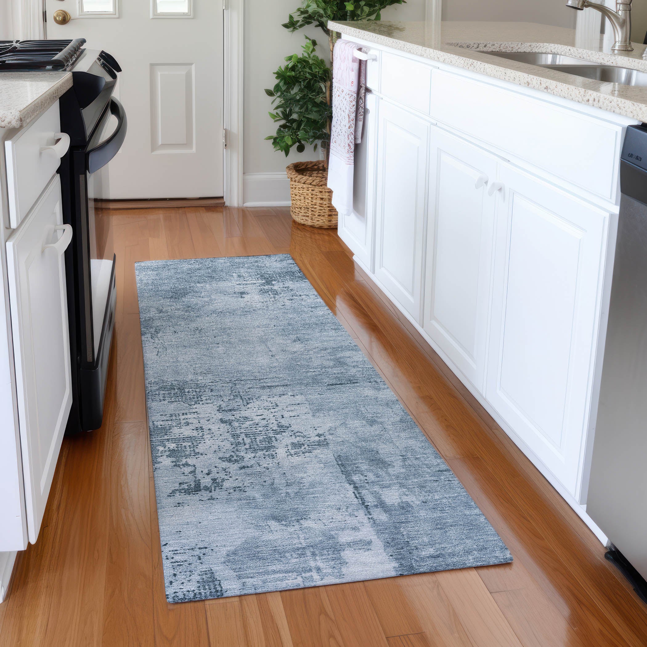 Antigua Machine Washable Transitional Denim Blue Rug 2'3" x 7'6" #shape_Runner