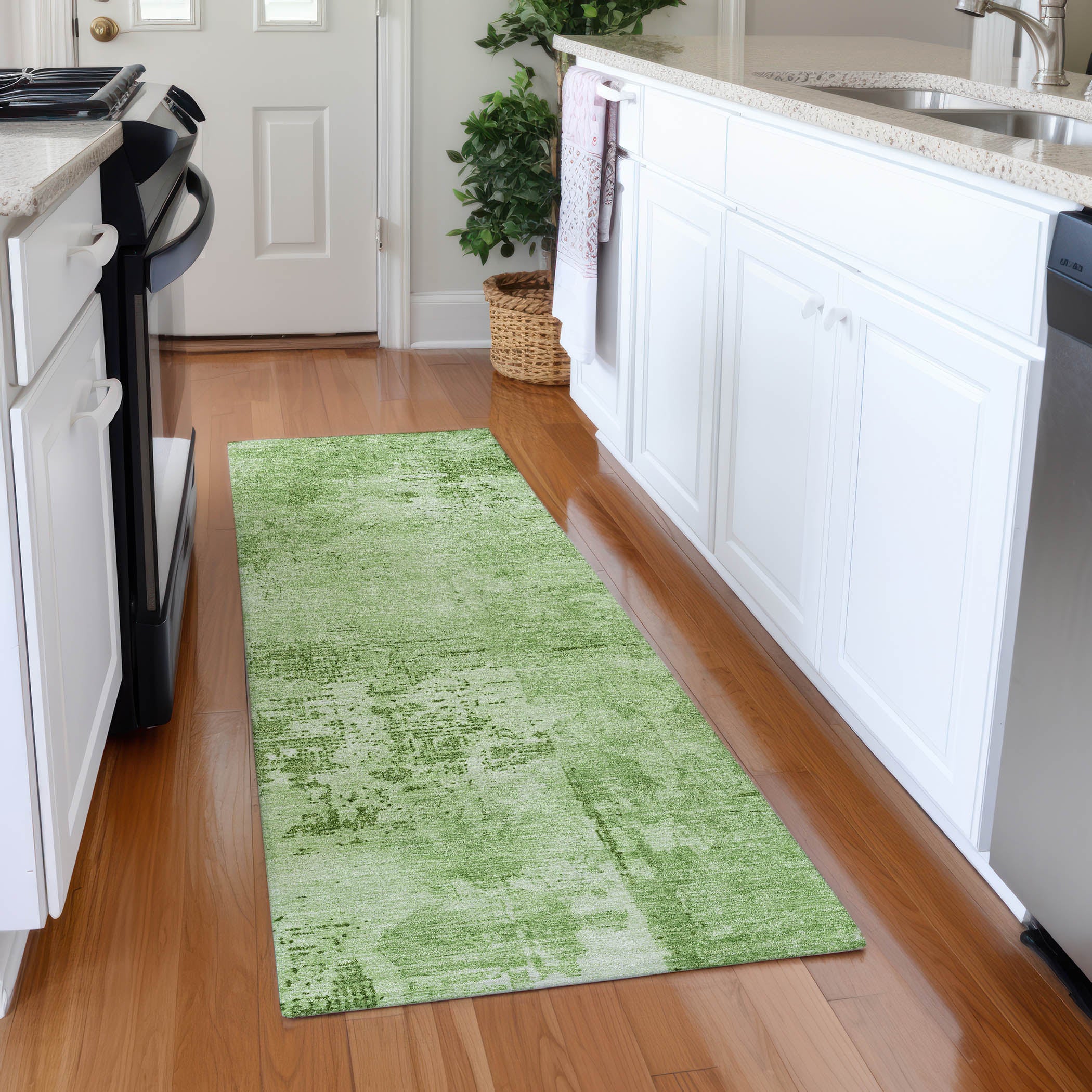 Antigua Machine Washable Transitional Green Rug 2'3" x 7'6" #shape_Runner