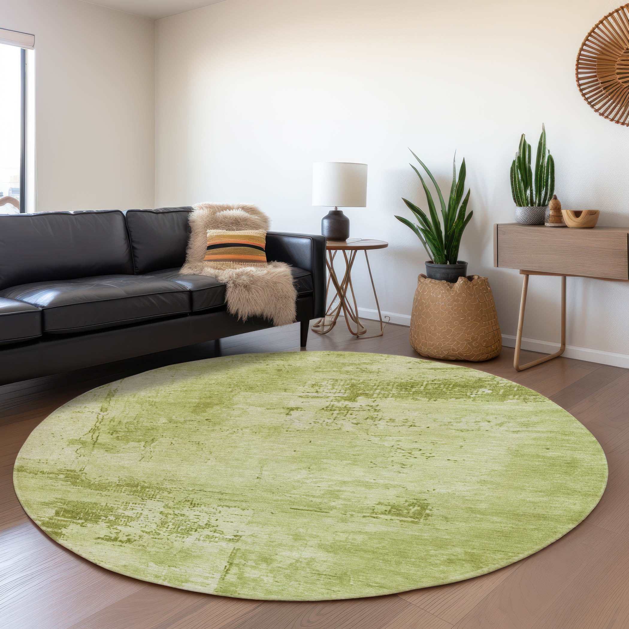 Antigua Machine Washable Transitional Lime Green Rug 8' x 8' #shape_Round