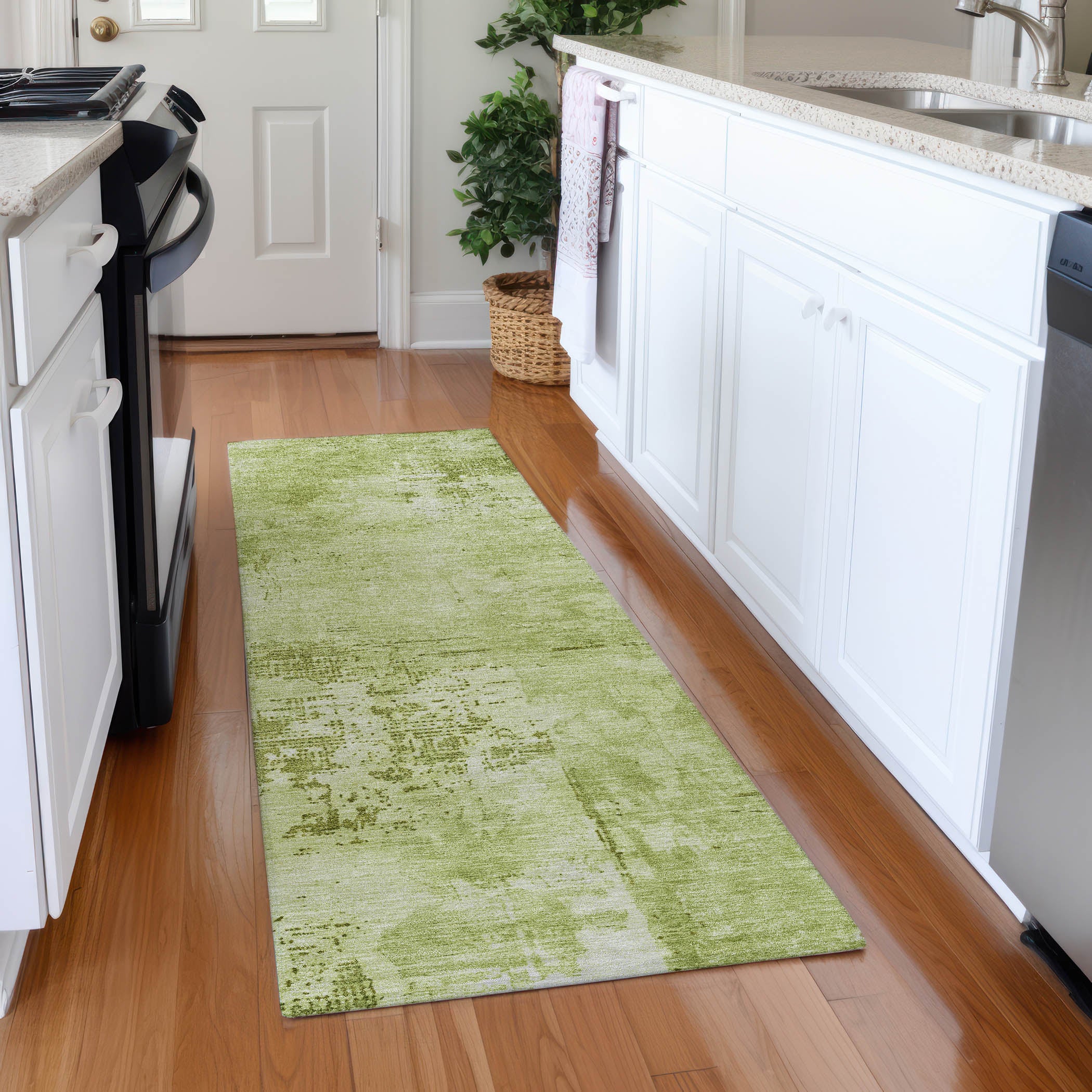 Antigua Machine Washable Transitional Lime Green Rug 2'3" x 7'6" #shape_Runner
