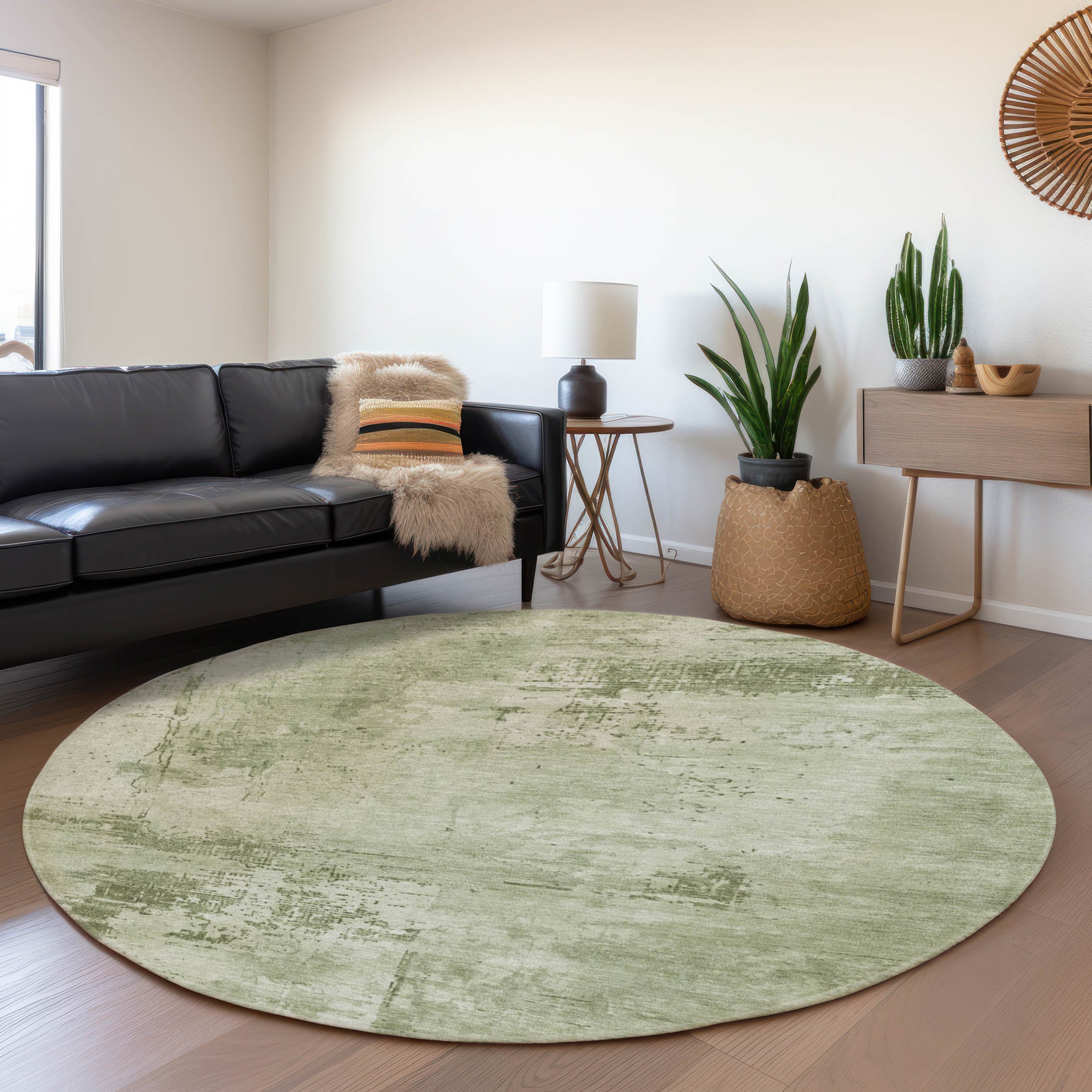 Antigua Machine Washable Transitional Olive Green Rug 8' x 8' #shape_Round