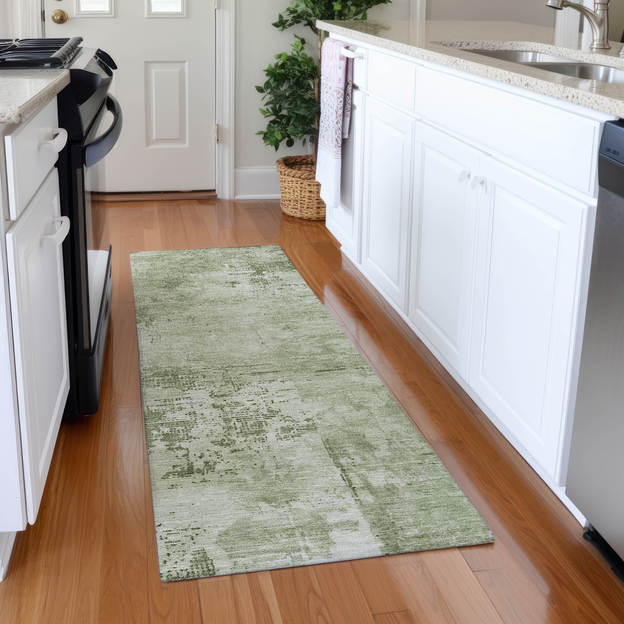 Antigua Machine Washable Transitional Olive Green Rug 2'3" x 7'6" #shape_Runner