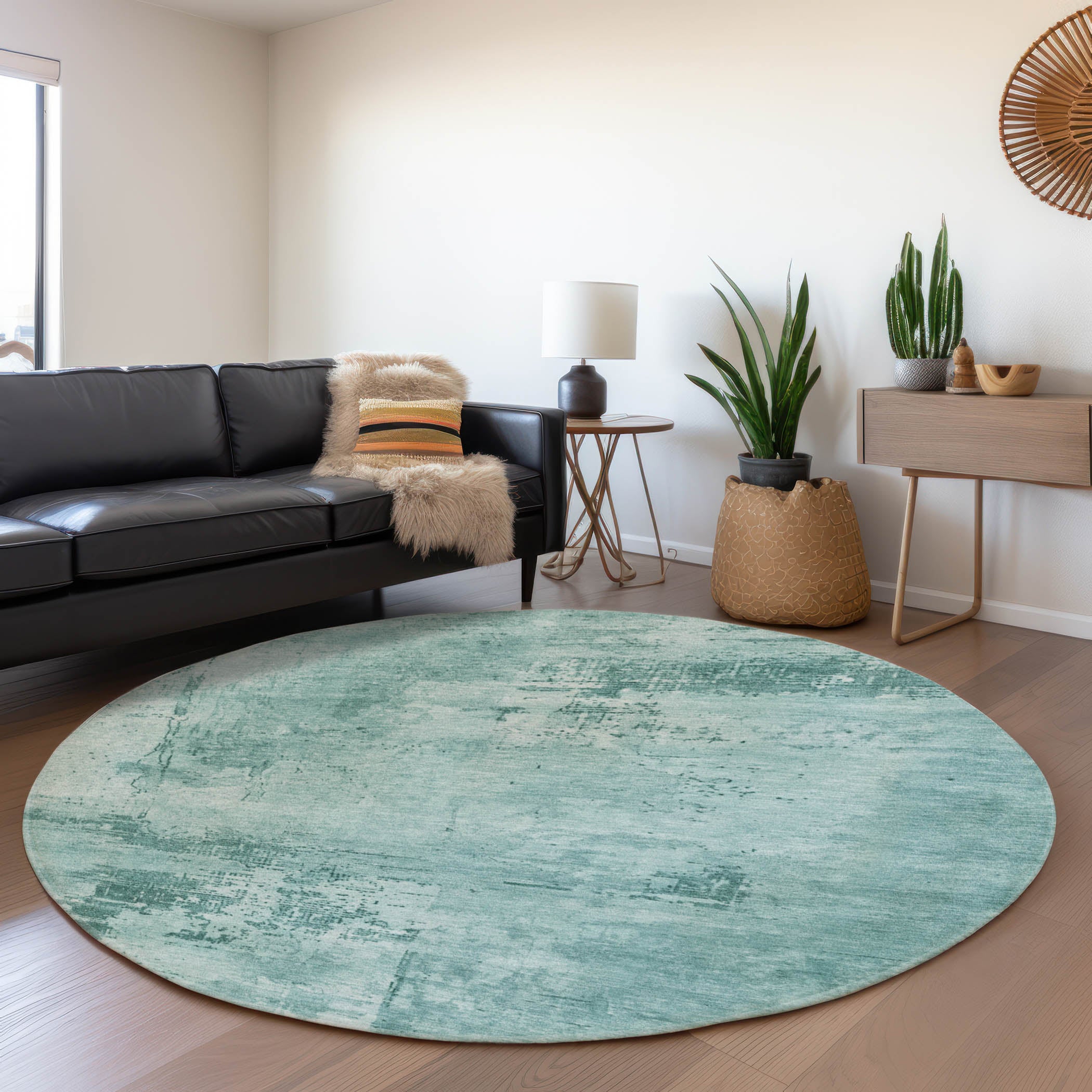 Antigua Machine Washable Transitional Teal Rug 8' x 8' #shape_Round