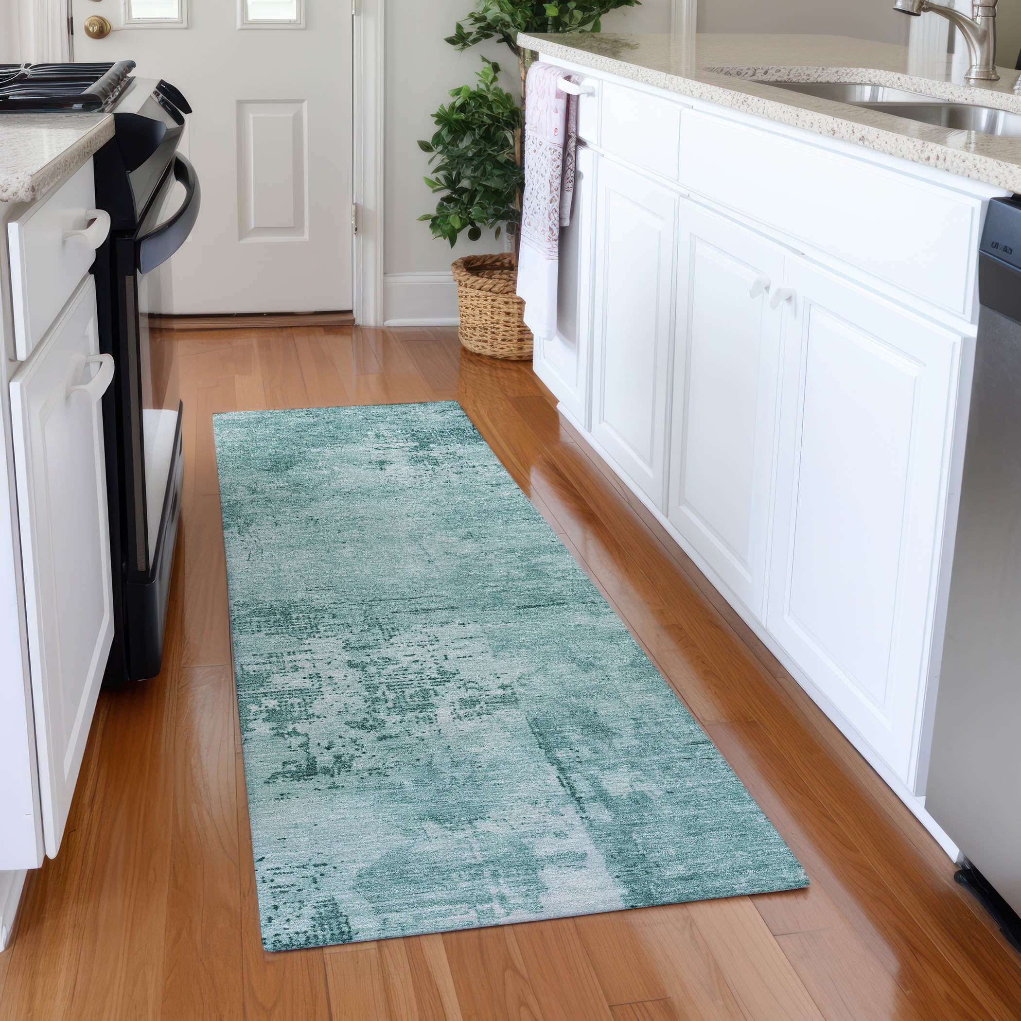 Antigua Machine Washable Transitional Teal Rug 2'3" x 7'6" #shape_Runner
