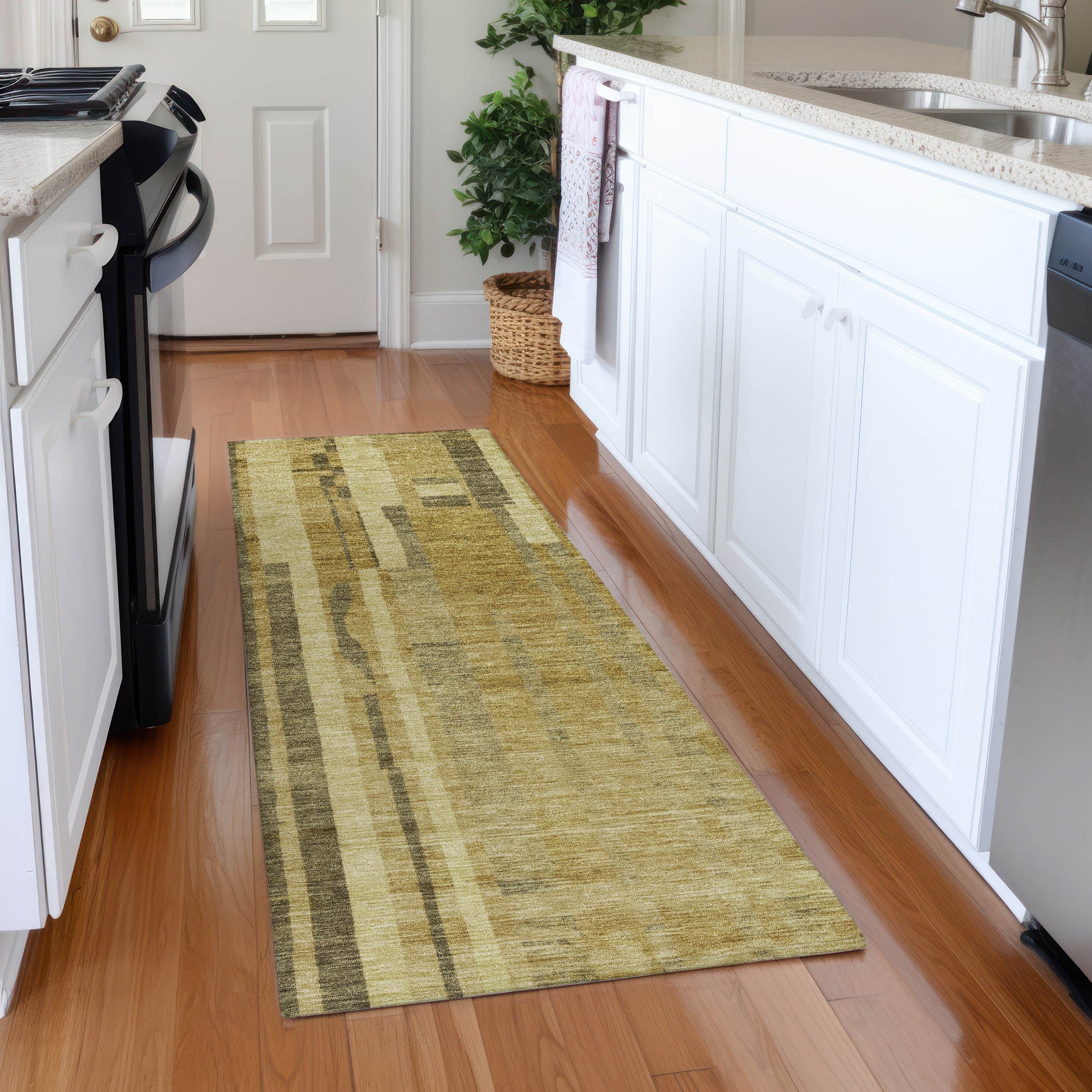 Santorini Machine Washable Transitional Gold Rug 2'3" x 7'6" #shape_Runner