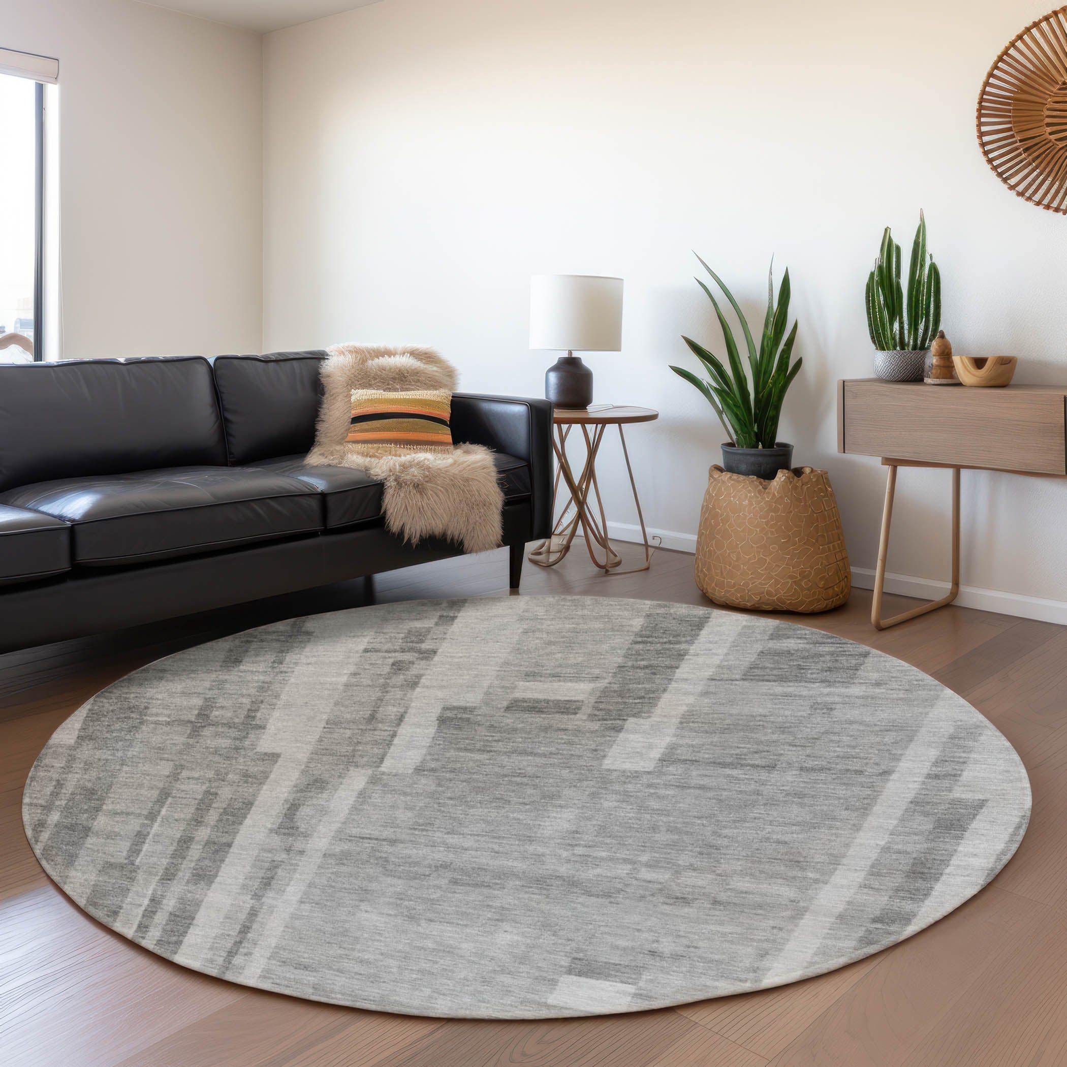 Santorini Machine Washable Transitional Gray Rug 8' x 8' #shape_Round