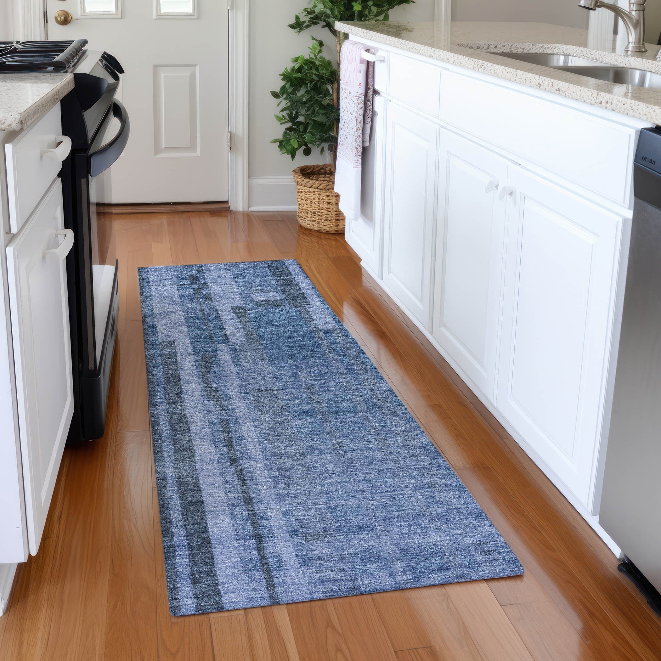 Santorini Machine Washable Transitional Navy Blue Rug 2'3" x 7'6" #shape_Runner