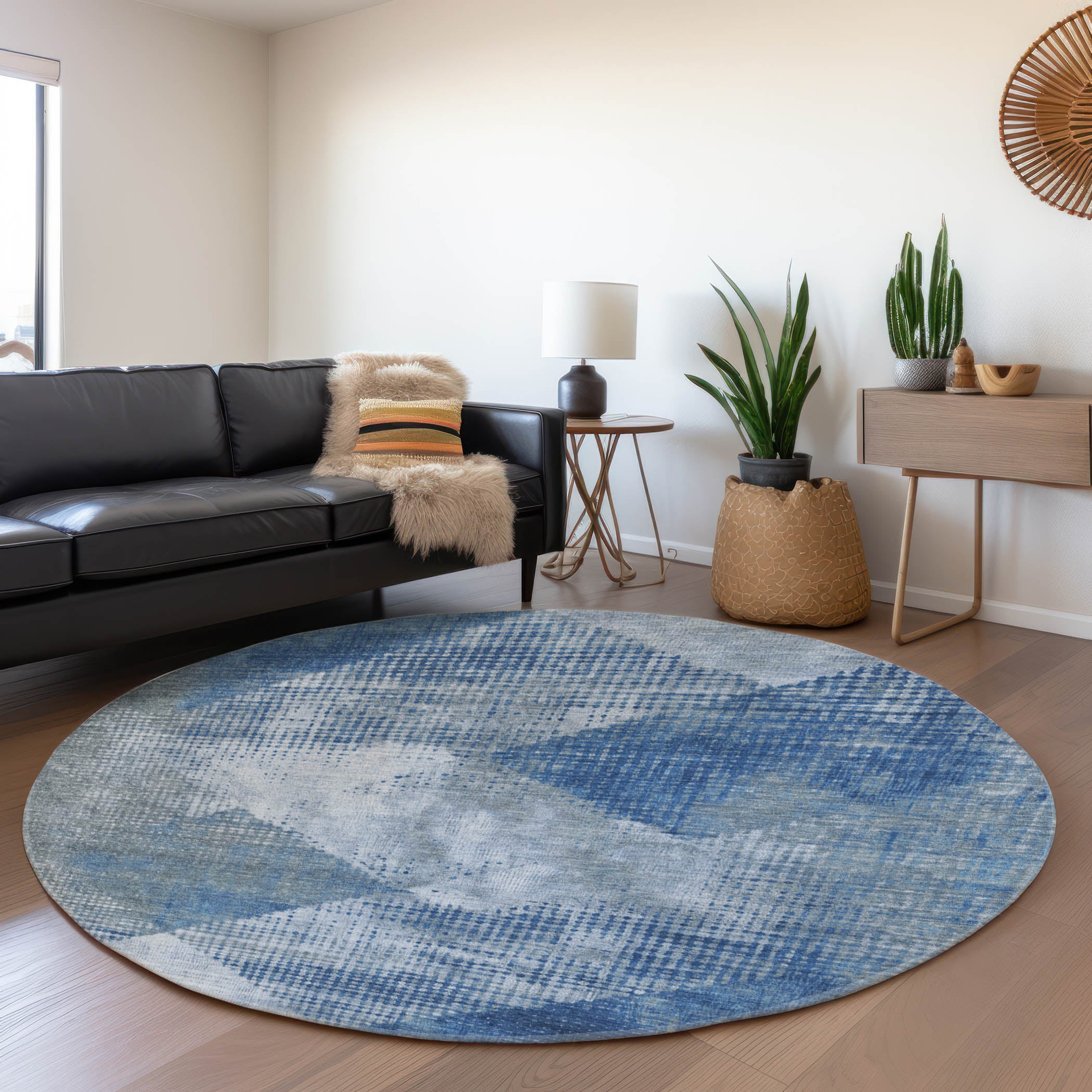 Mostar Machine Washable Transitional Blue Rug 8' x 8' #shape_Round