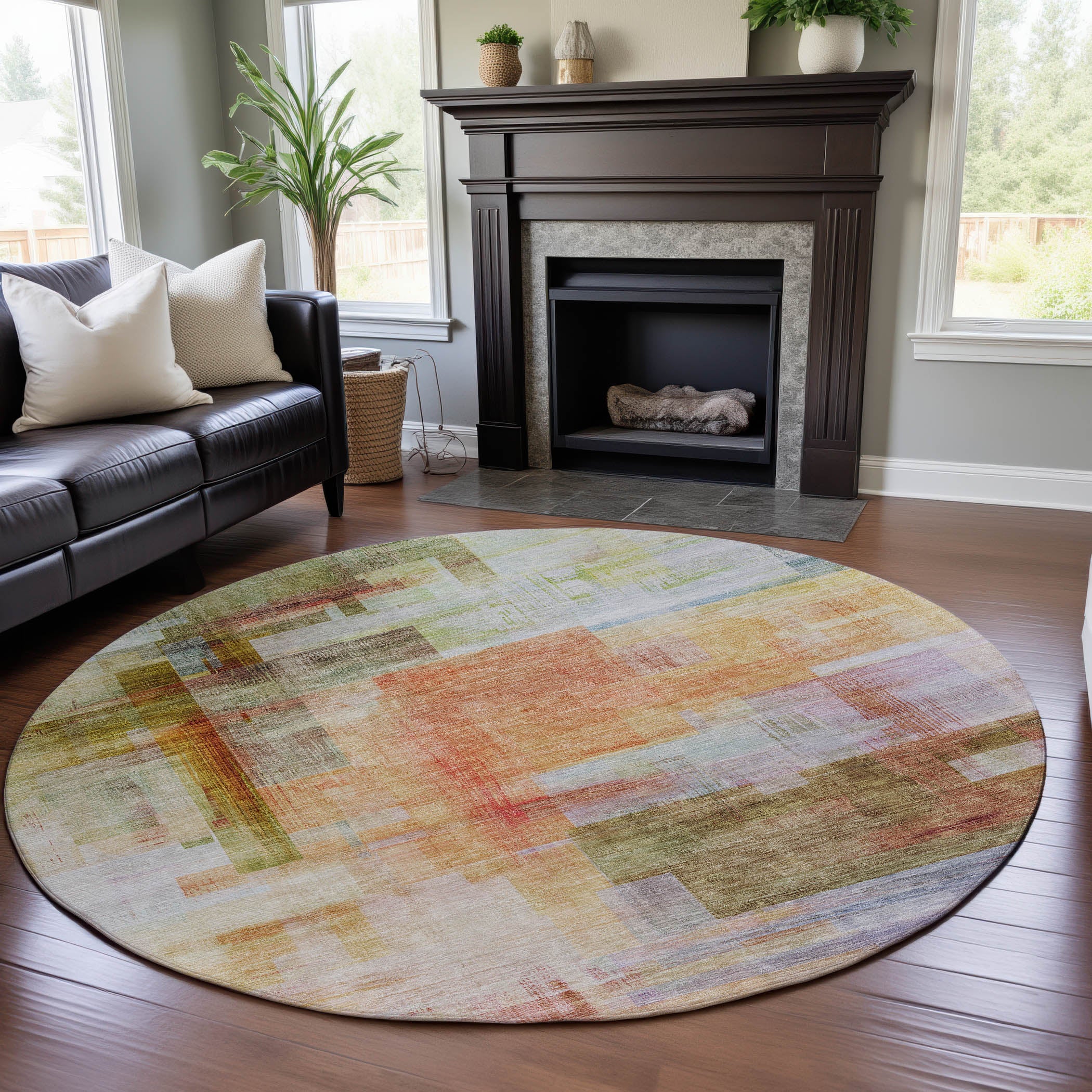 Havana Machine Washable Transitional Coral Orange Rug 8' x 8' #shape_Round